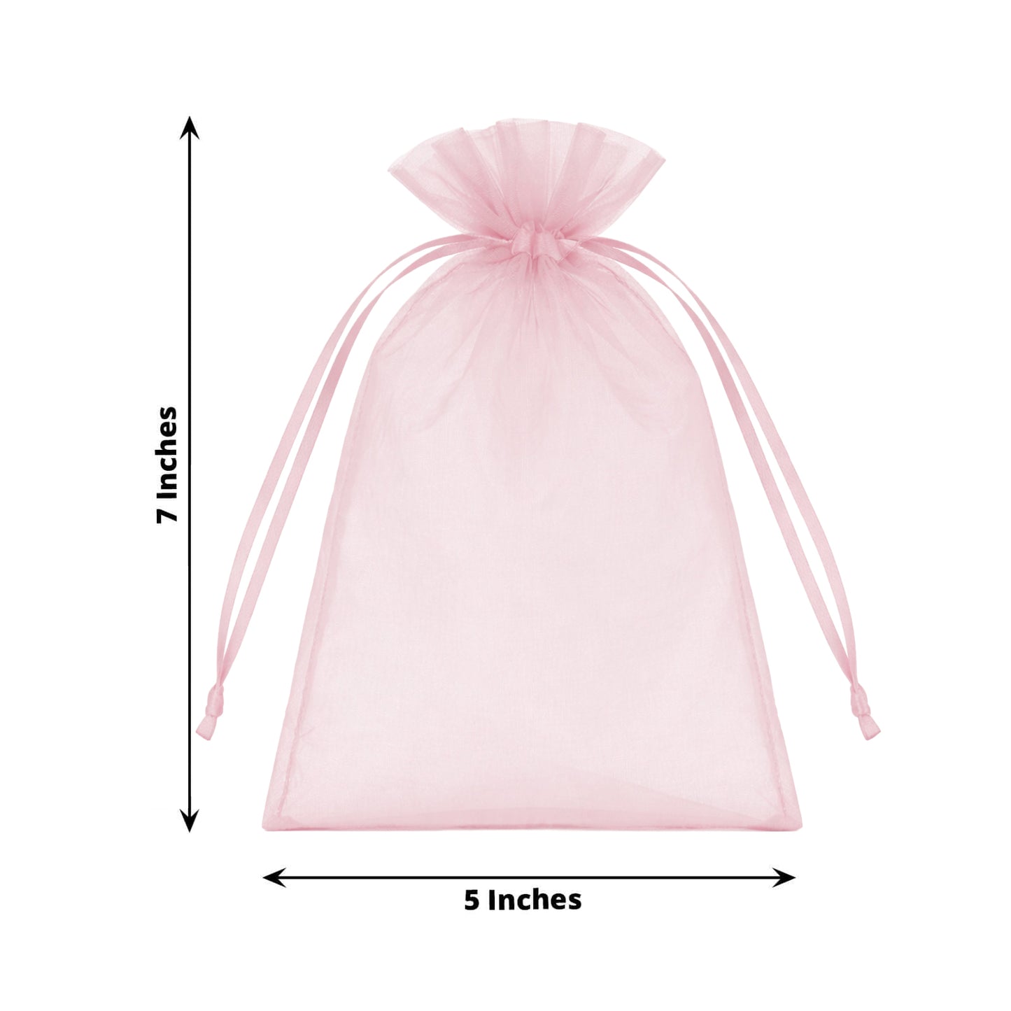 Pink organza gift bag with drawstring, 5" x 7", ideal for wedding favors.
