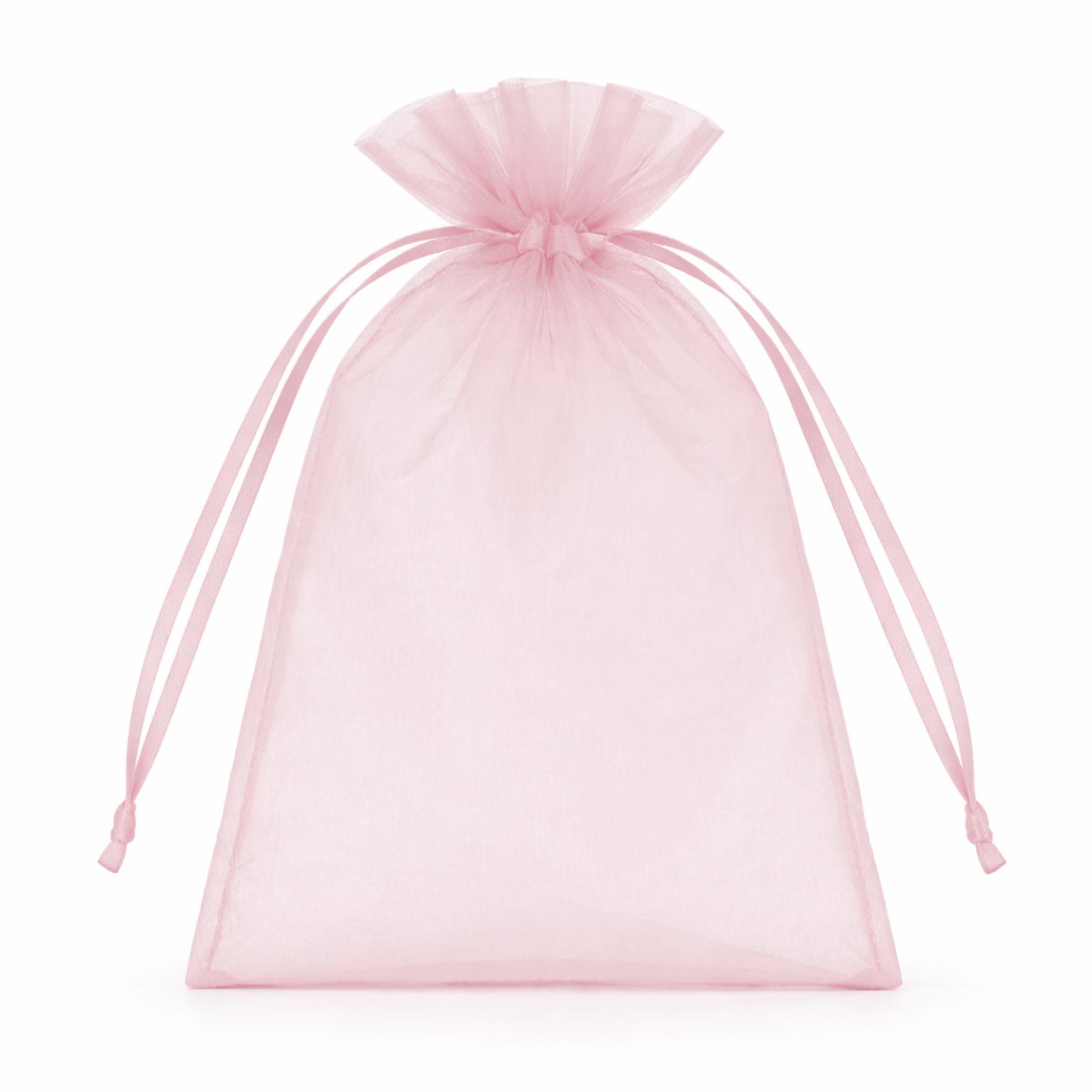 Pink organza gift bag with drawstring, 5" x 7", perfect for wedding favors.