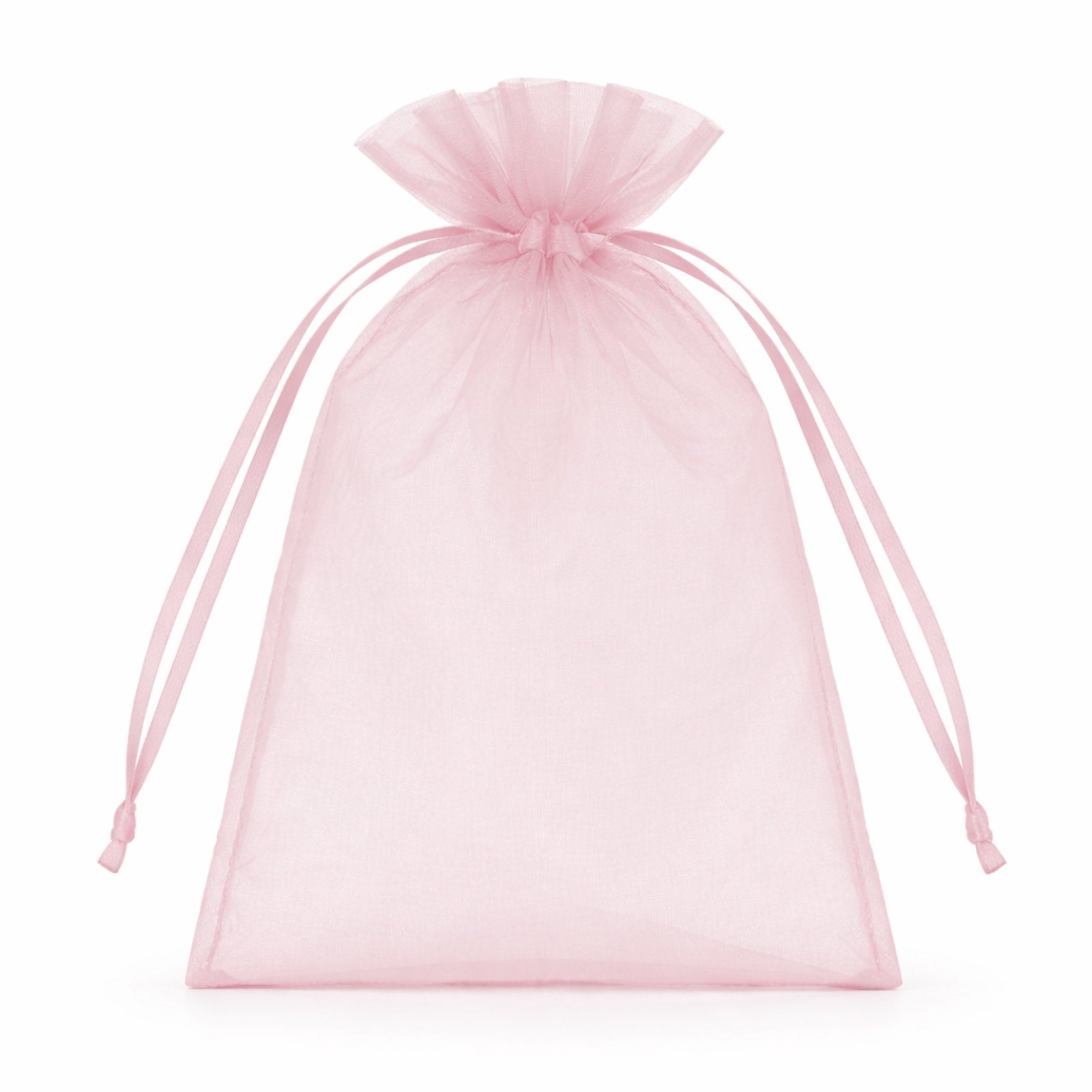 Pink organza gift bag with drawstring, 5" x 7", perfect for wedding favors.