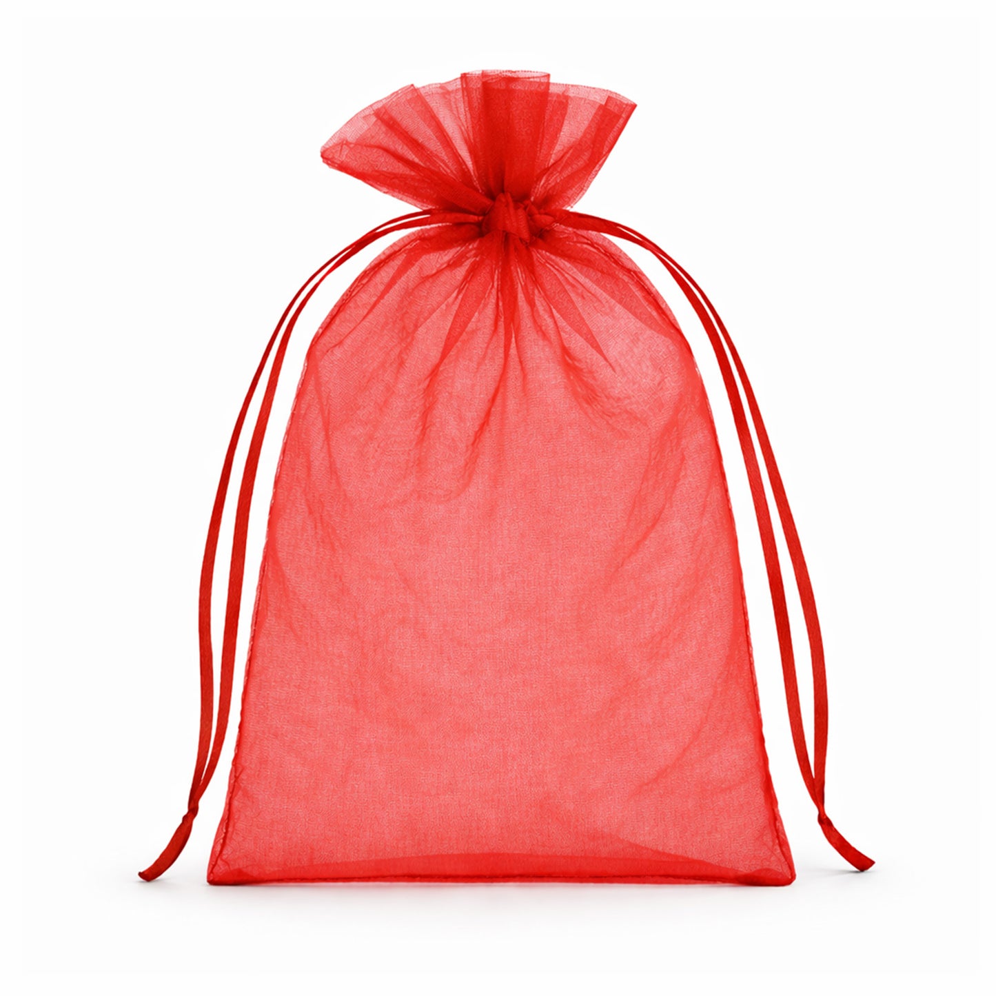 Red organza gift bag with drawstring, 5" x 7", ideal for wedding favors.