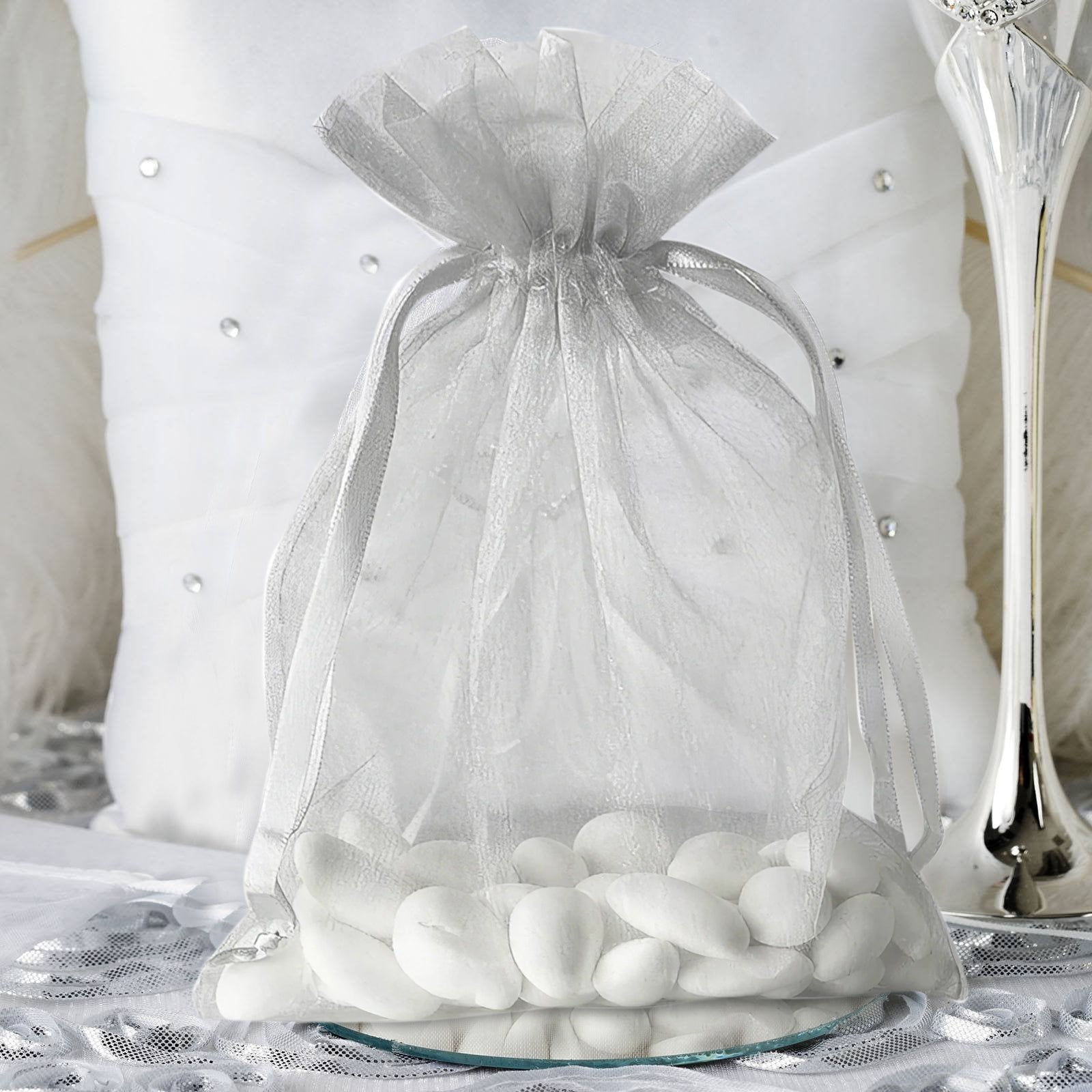 10 Pack | 5x7inch Silver Organza Drawstring Wedding Party Favor Gift Bags