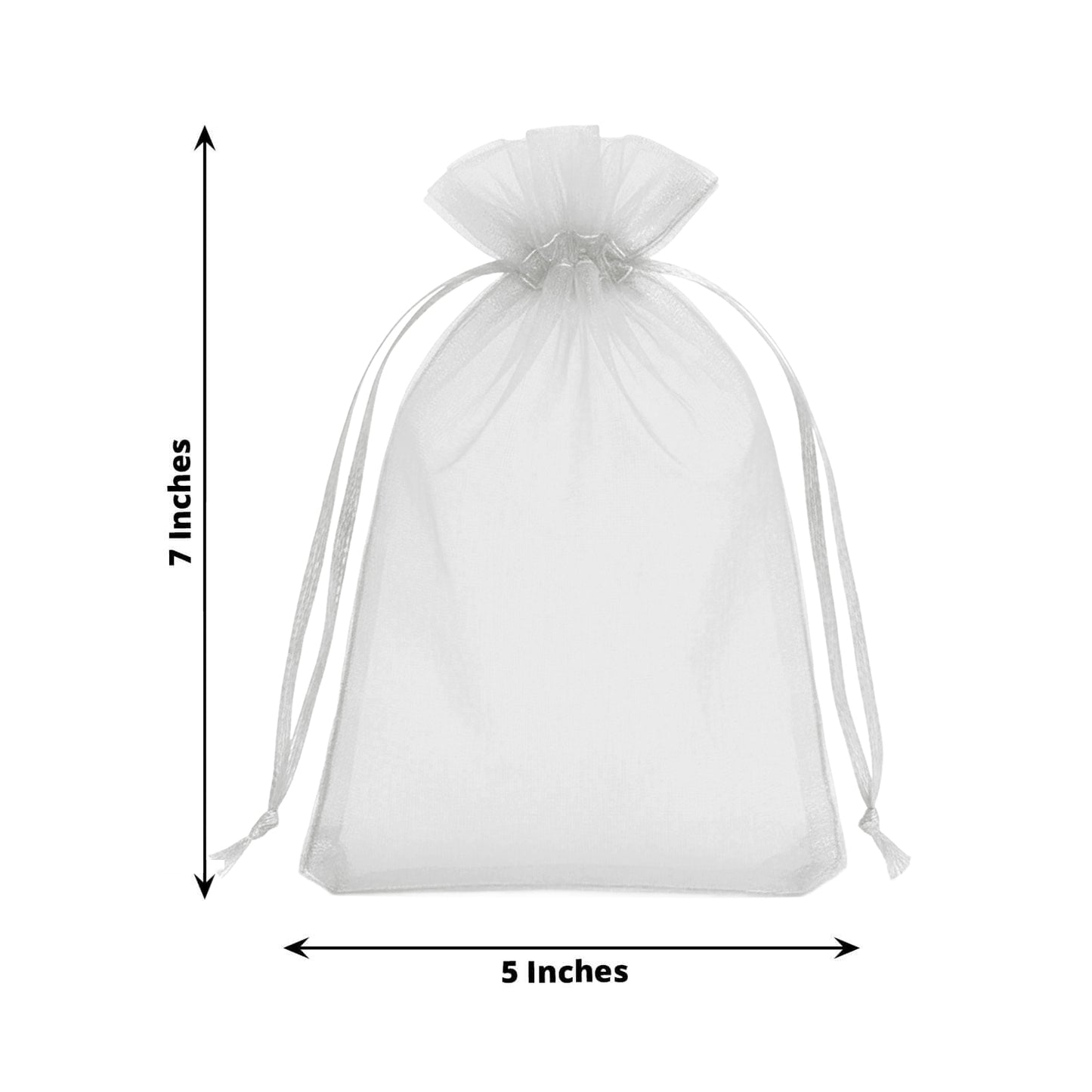 Silver organza gift bag with drawstring, 5" x 7", perfect for wedding favors.