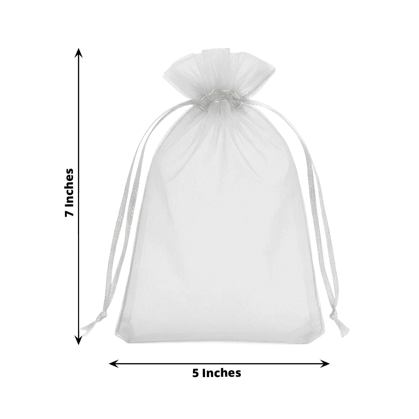 Silver organza gift bag with drawstring, 5" x 7", perfect for wedding favors.