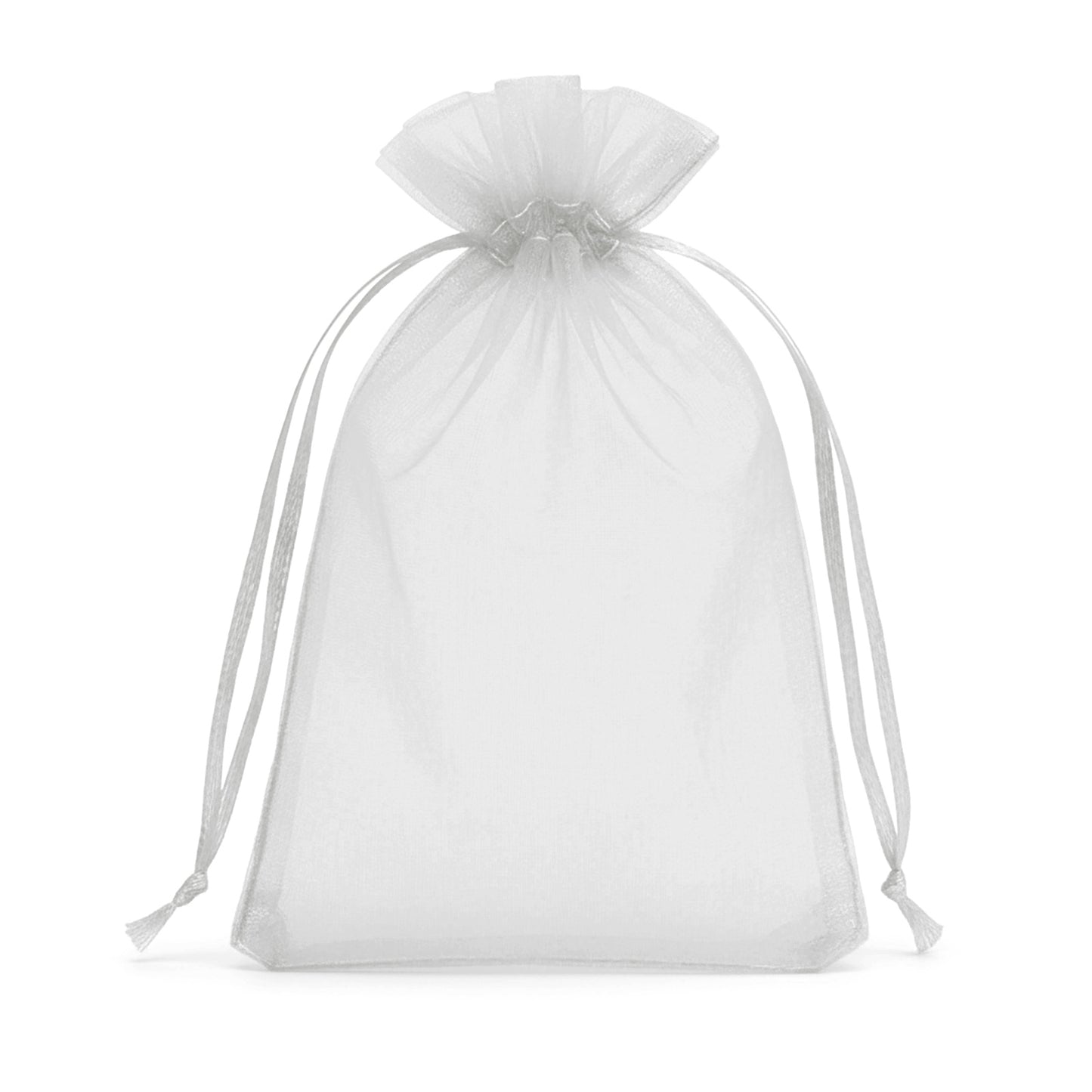 Silver organza gift bag with drawstring, 5" x 7", perfect for wedding favors.