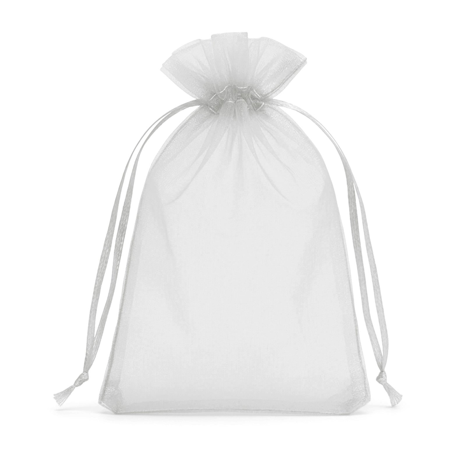 Silver organza gift bag with drawstring, 5" x 7", perfect for wedding favors.