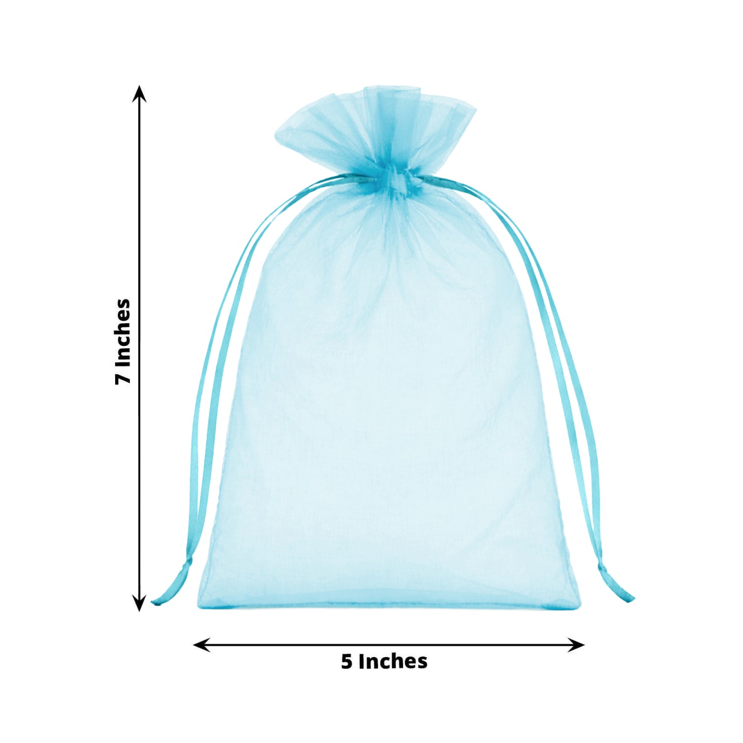 Turquoise organza gift bag with drawstring, 5" x 7" for party favors.