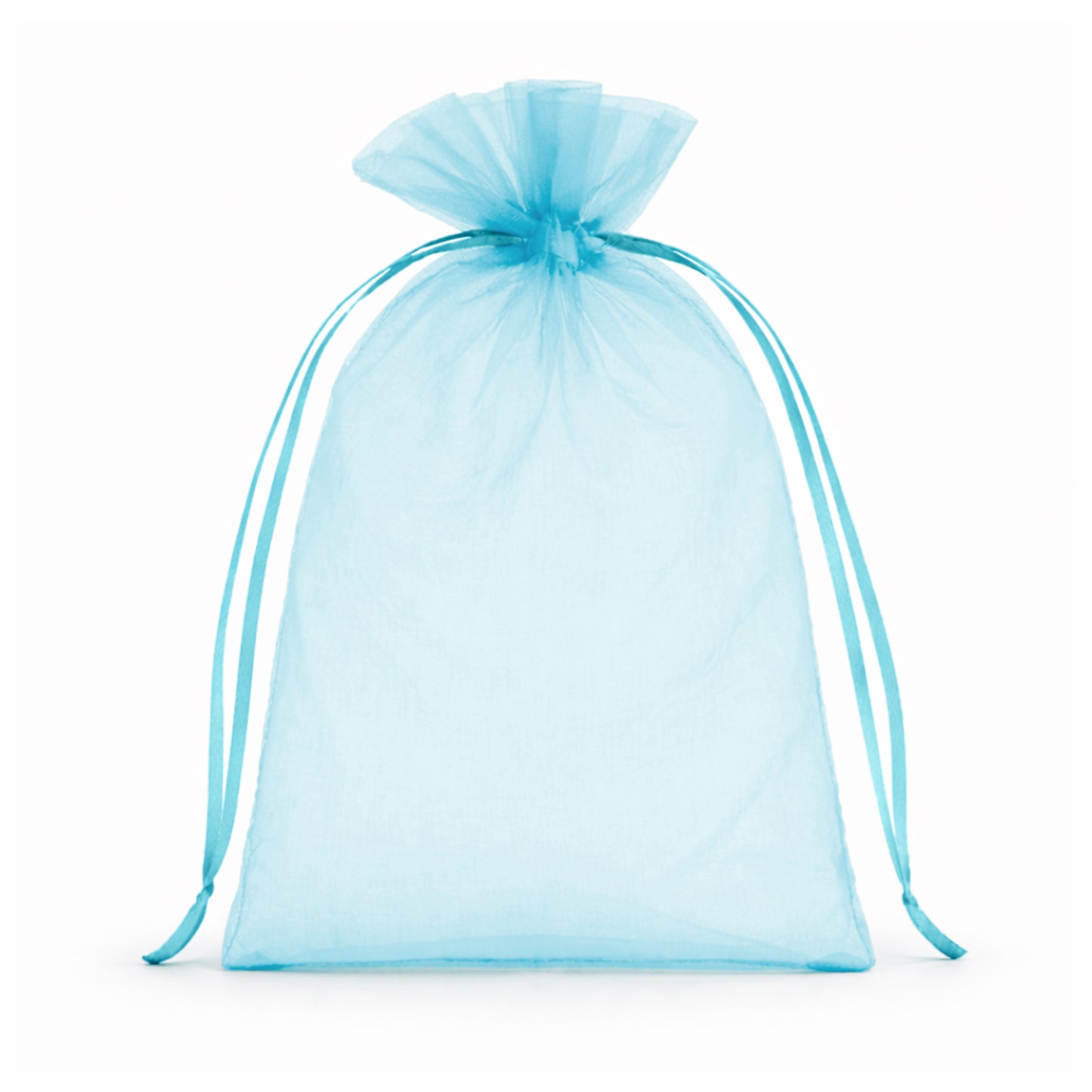 Turquoise organza gift bag with drawstring, 5" x 7", perfect for wedding favors.