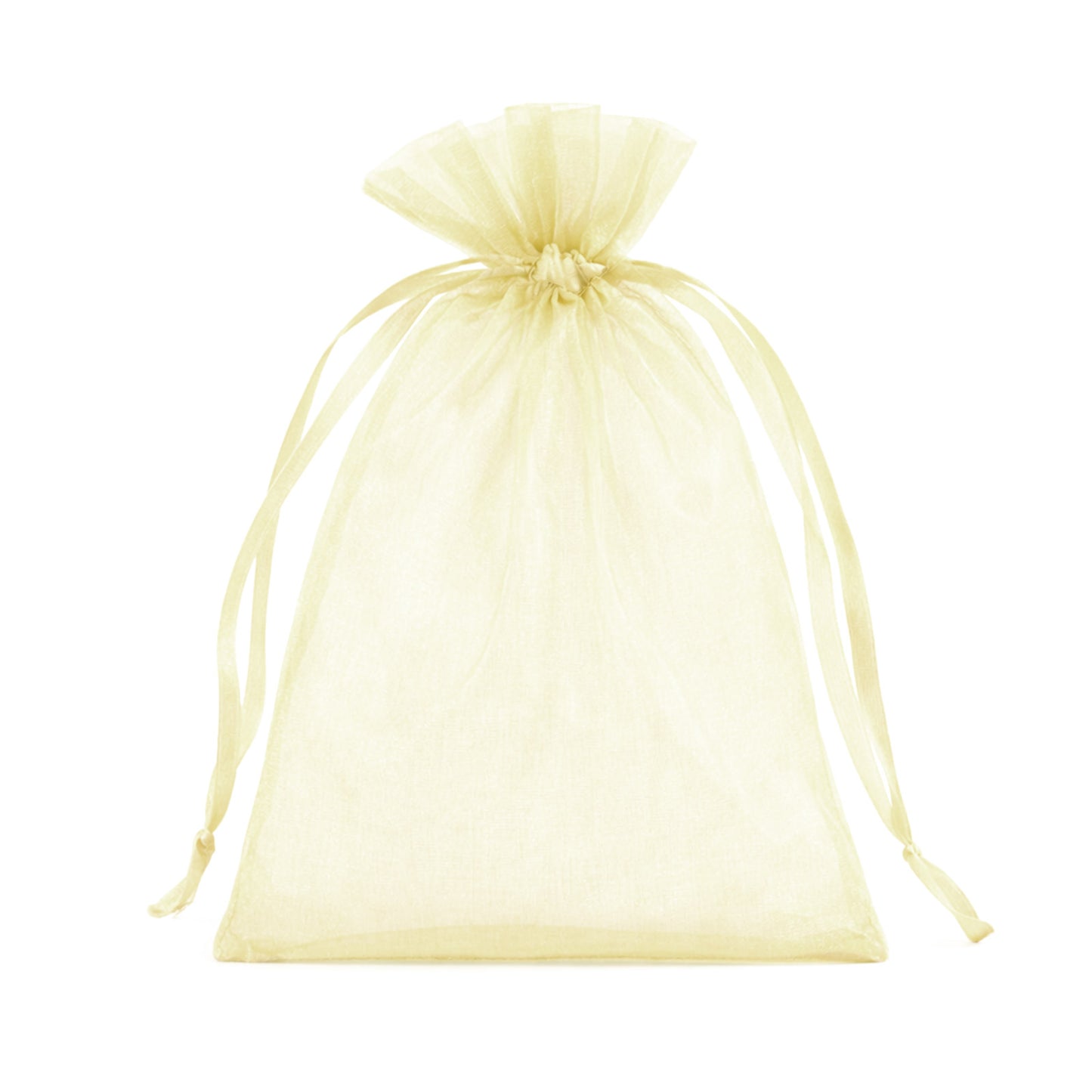 Yellow organza gift bag with drawstring, 5" x 7", perfect for wedding favors.