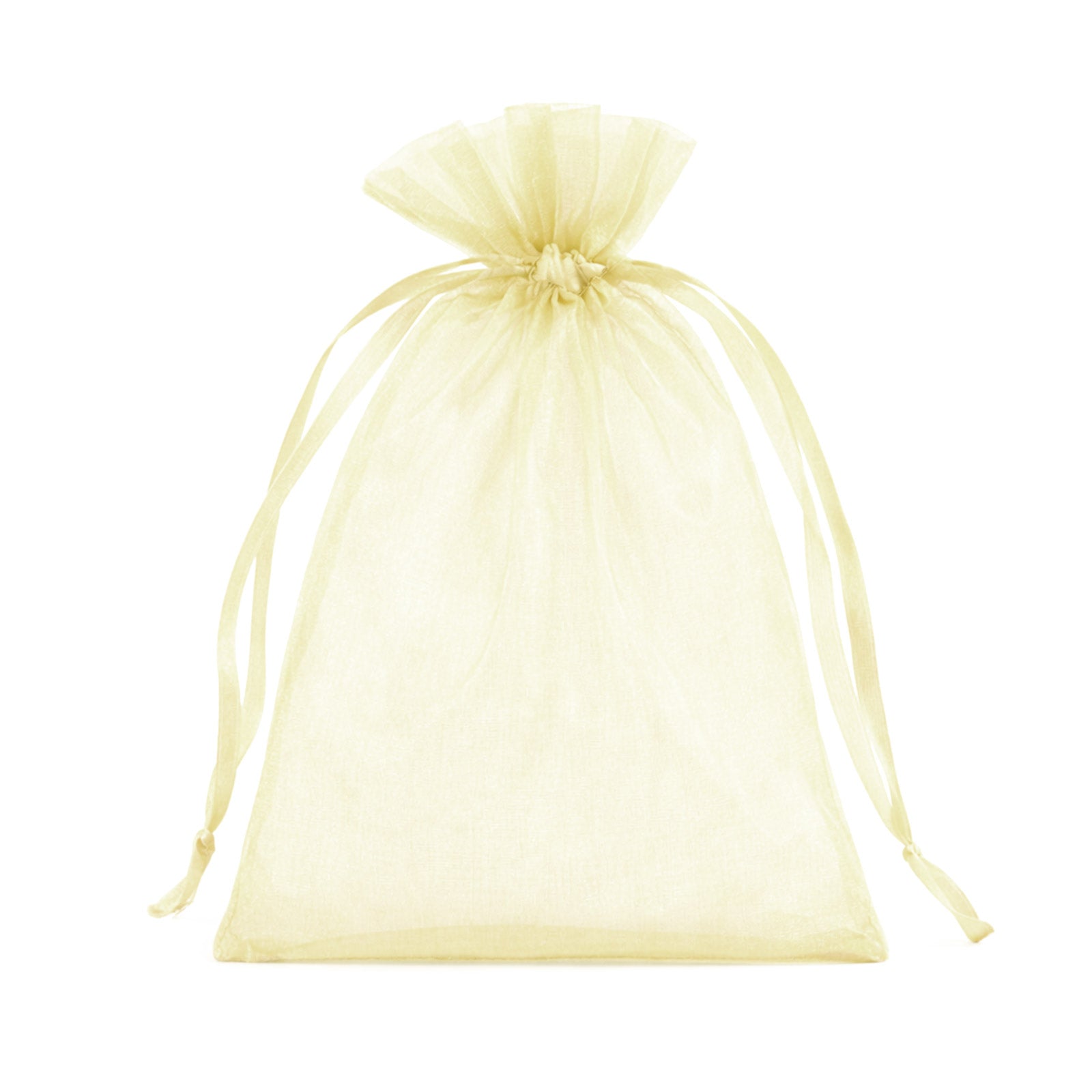 Yellow organza gift bag with drawstring, 5" x 7", perfect for wedding favors.