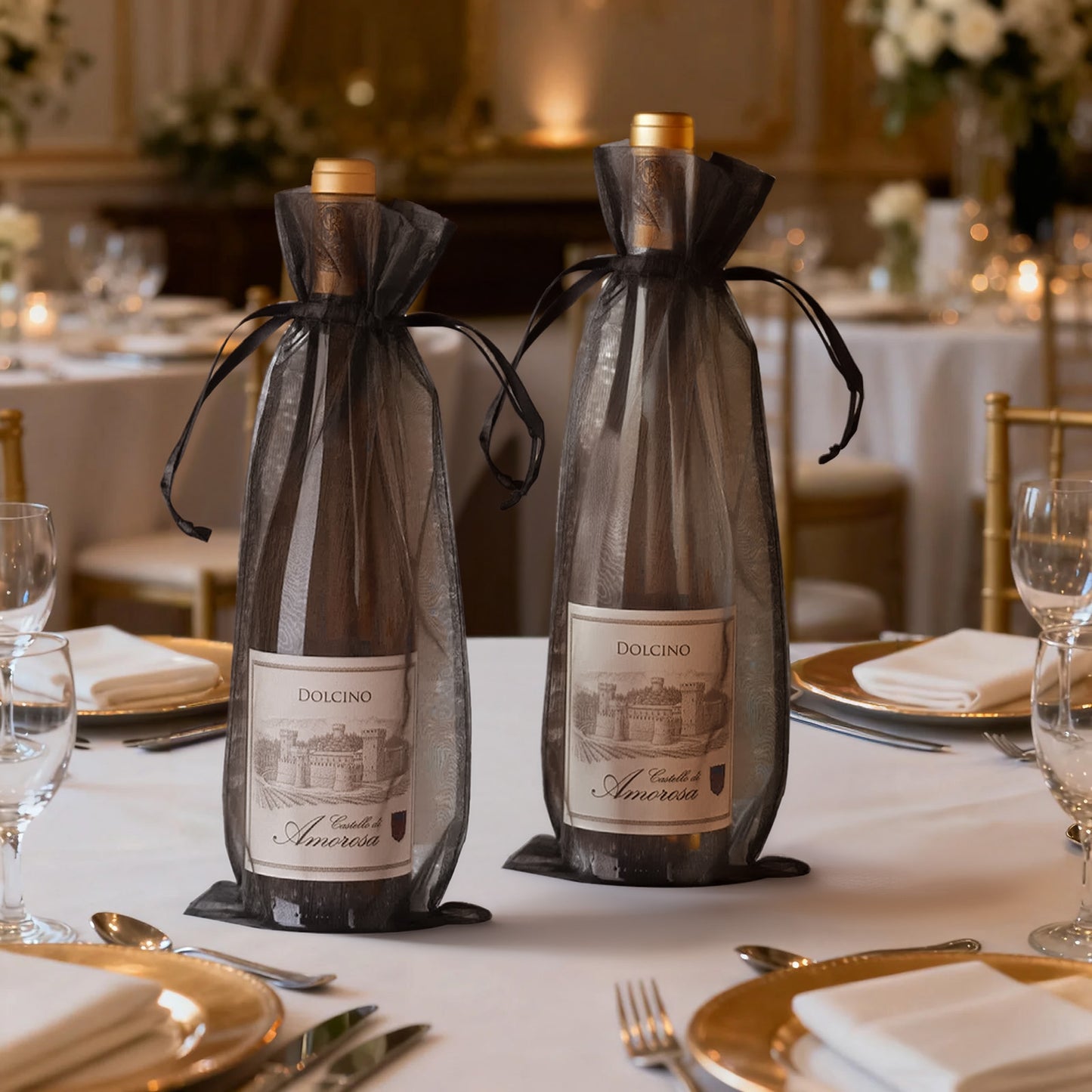 Black organza wine gift bags with drawstring for weddings and parties.
