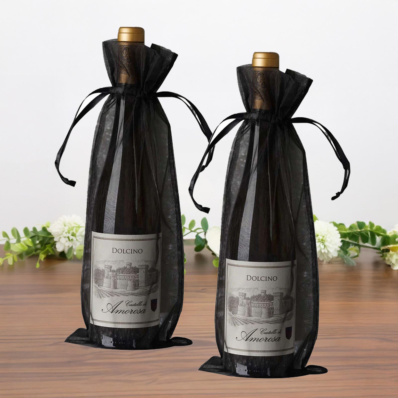 Black organza wine gift bags for wedding party favors.