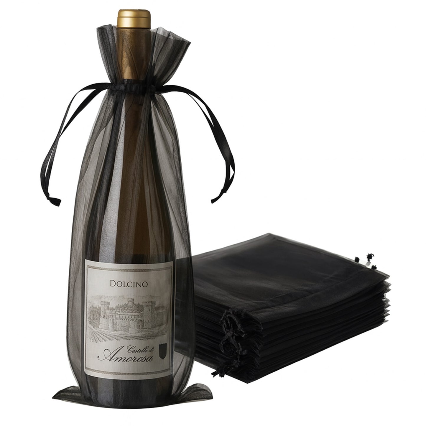 Black organza wine gift bags with drawstring for wedding favors.