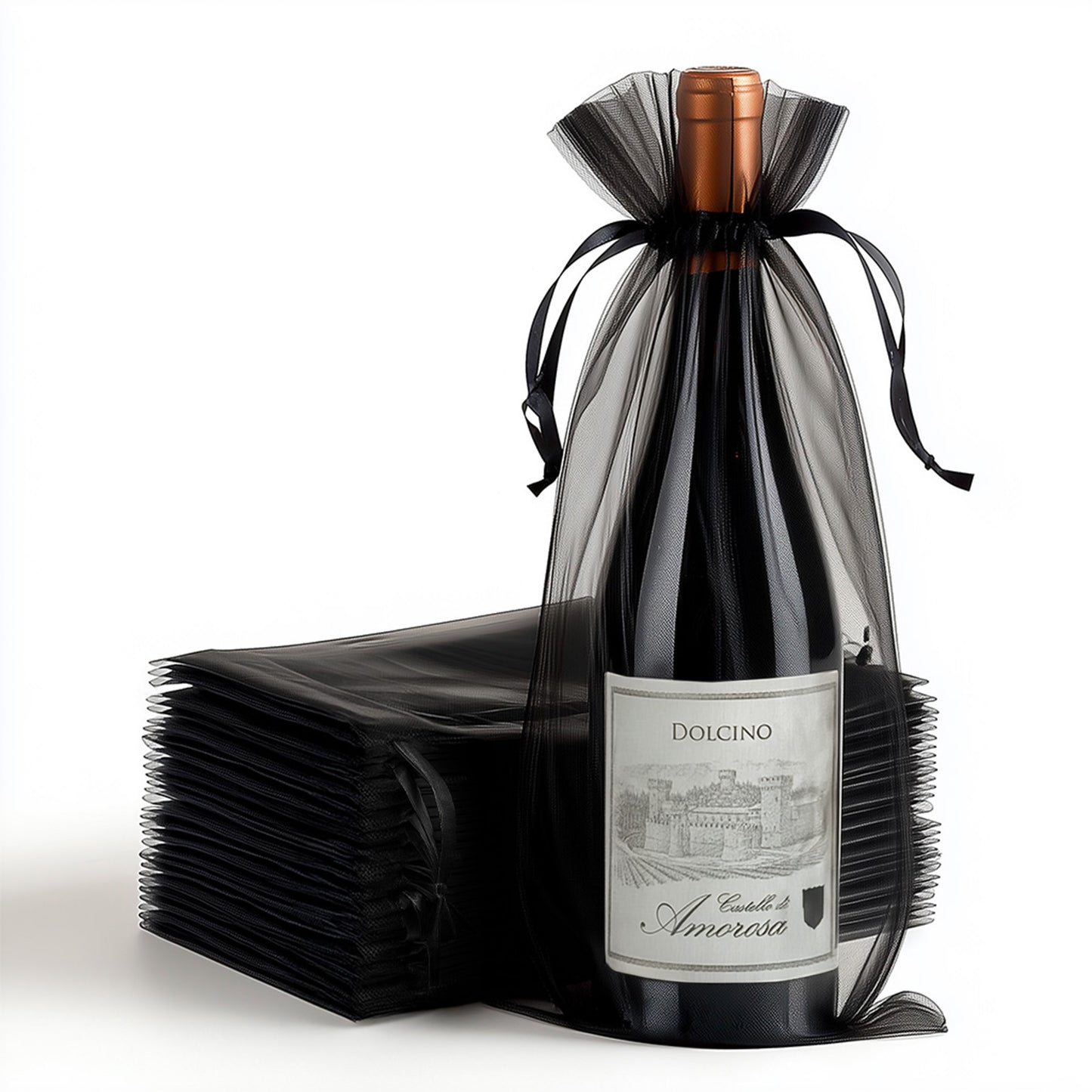 Black organza wine gift bag with drawstring for bottle favors.