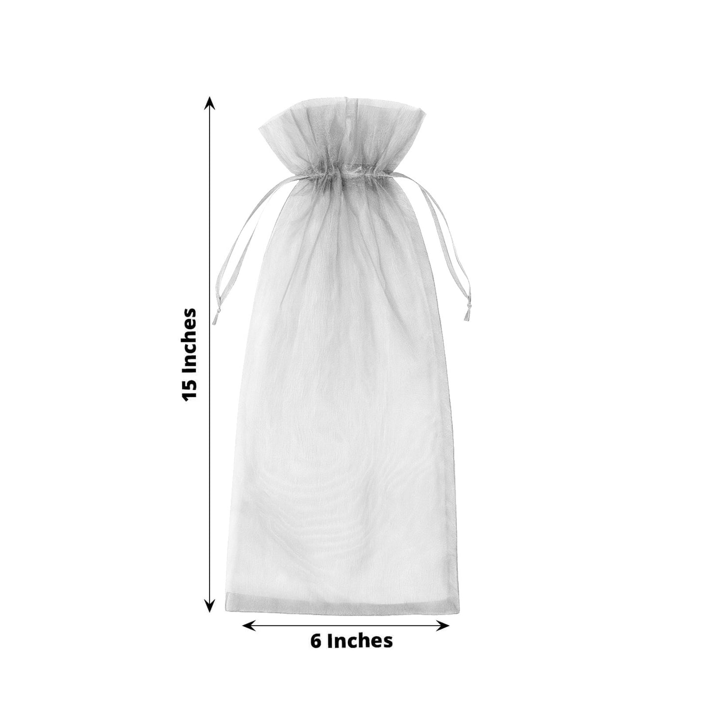 Silver organza wine gift bag with drawstring, 6" x 15" for wedding favors.