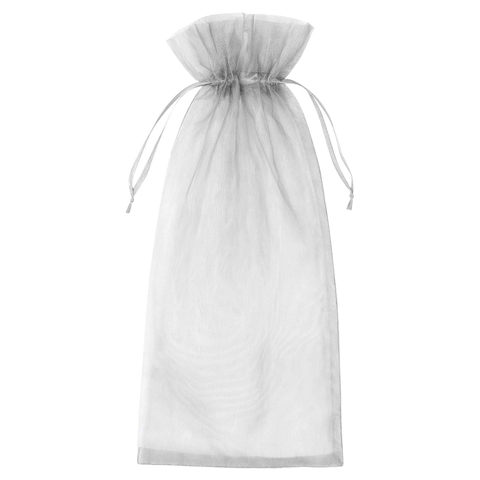 Silver organza wine gift bag with drawstring for weddings and parties. #whtbkgd