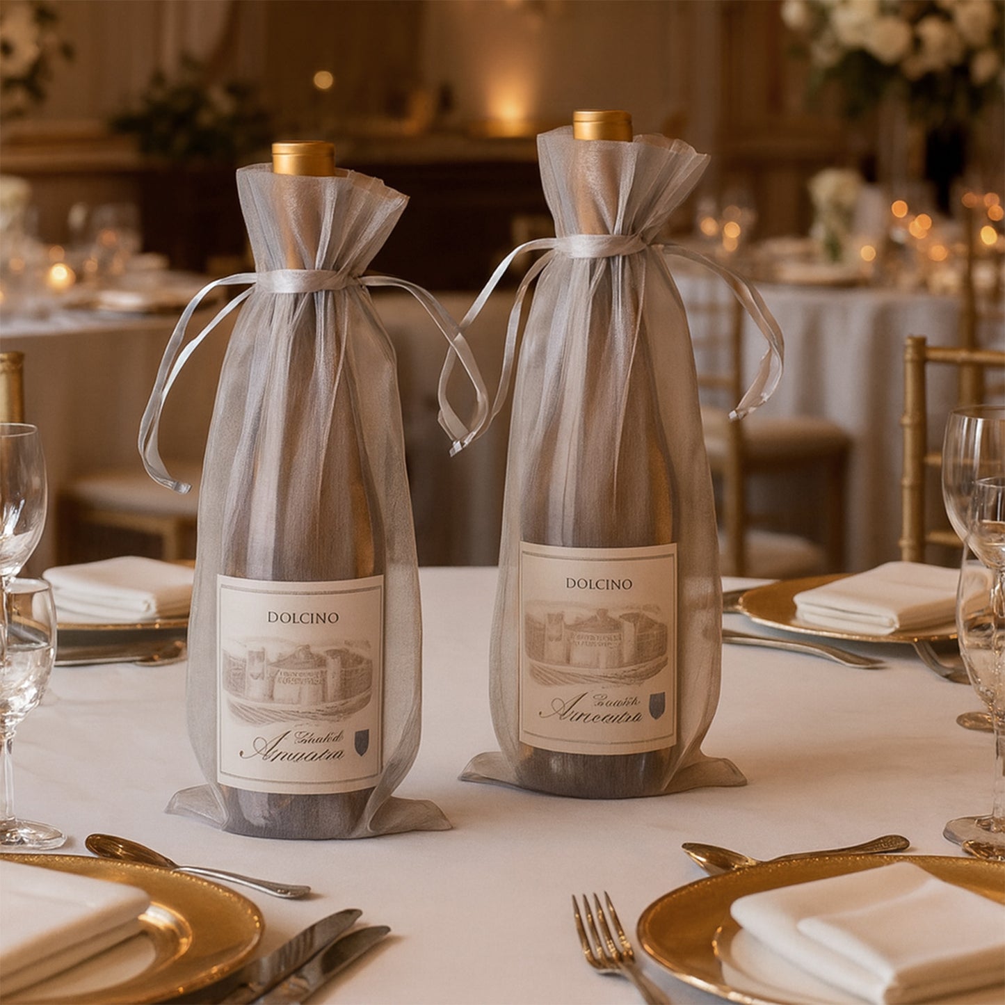 Silver organza wine gift bags with drawstring on a decorated table.