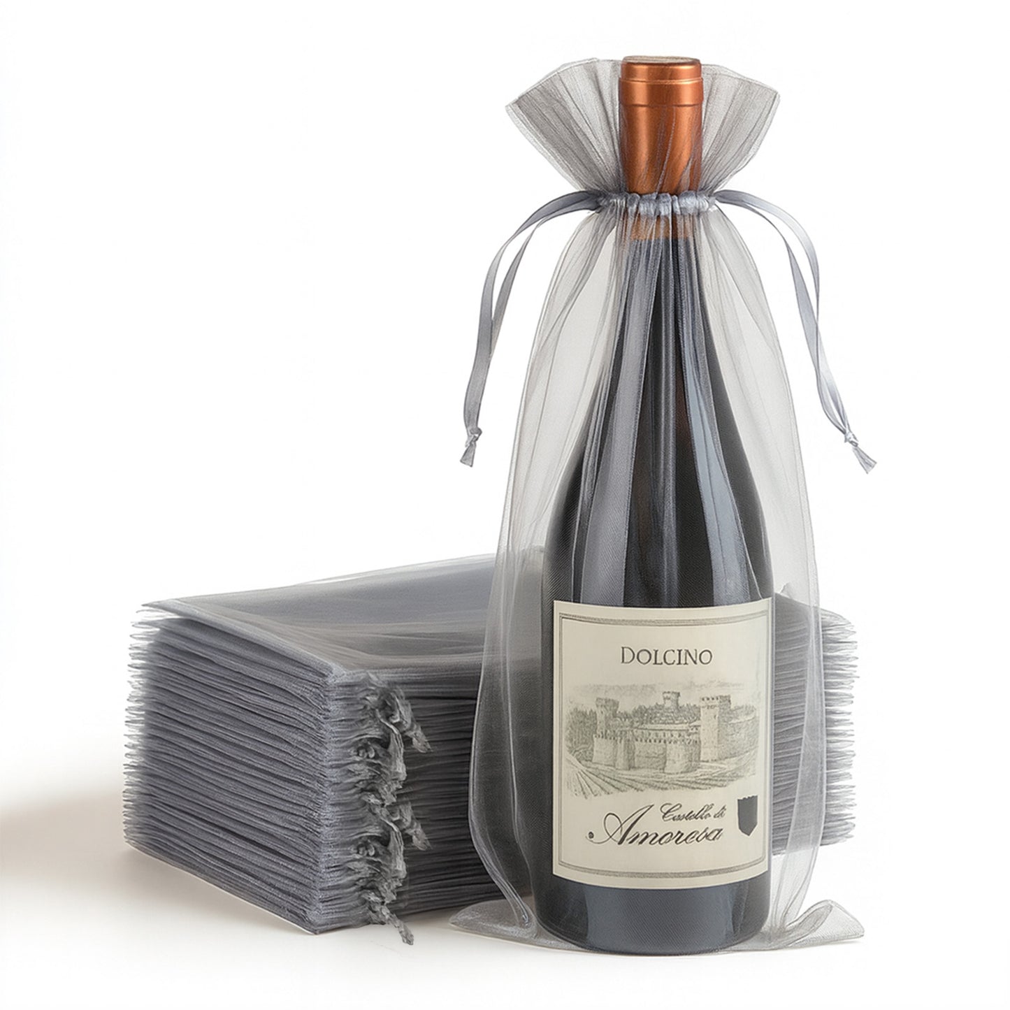 Silver organza wine gift bags for wedding parties, 100 pack.