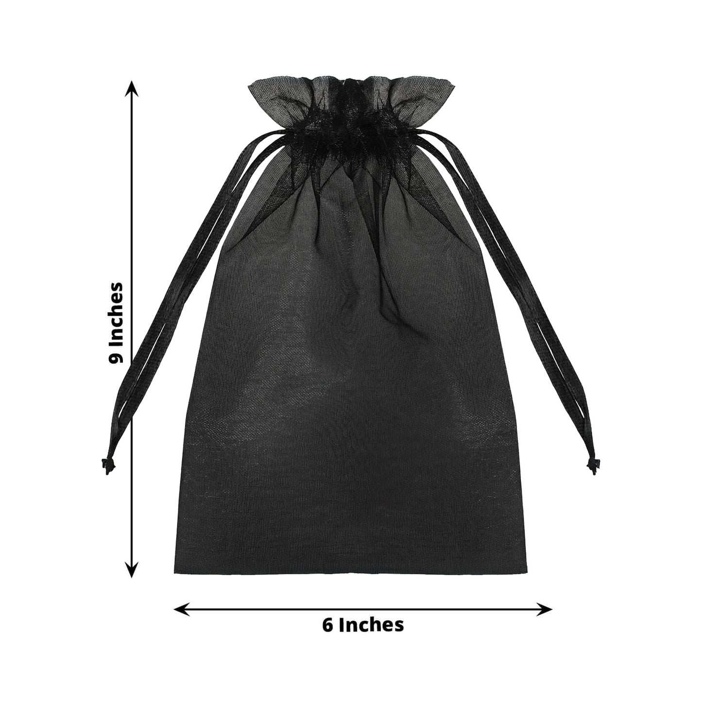 Black organza gift bag with drawstring, 6" x 9", perfect for wedding favors.
