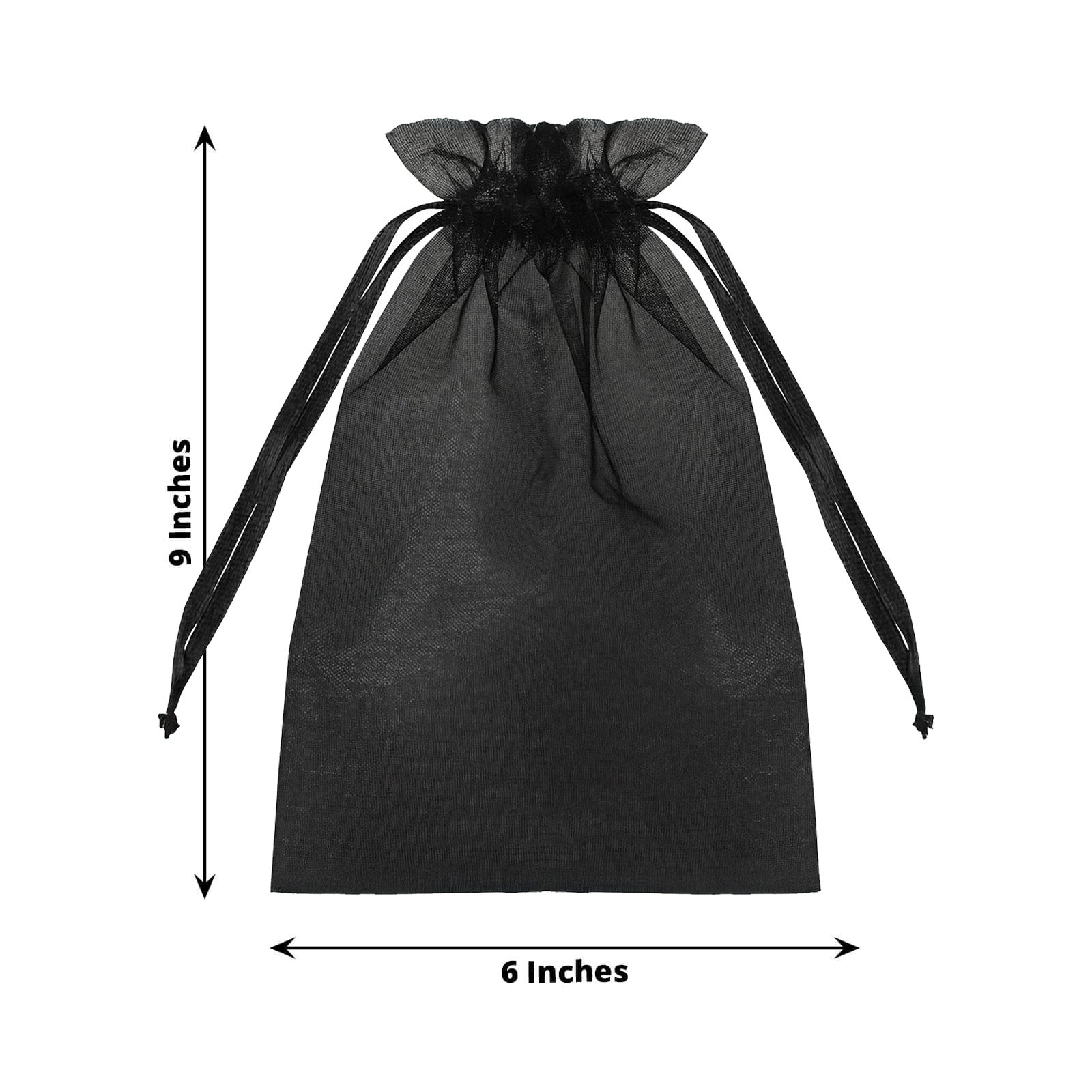 Black organza gift bag with drawstring, 6" x 9", perfect for wedding favors.