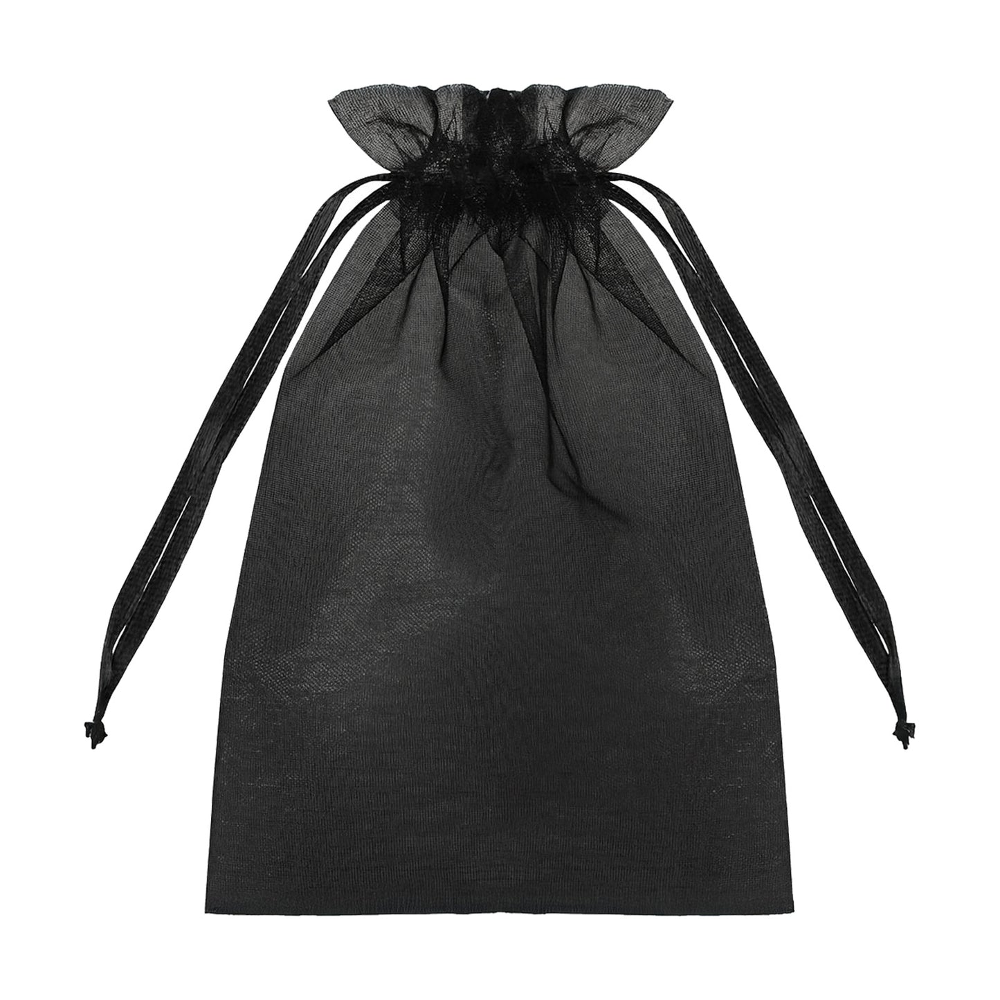 Black organza gift bag with drawstring, 6" x 9", perfect for wedding favors. #whtbkgd