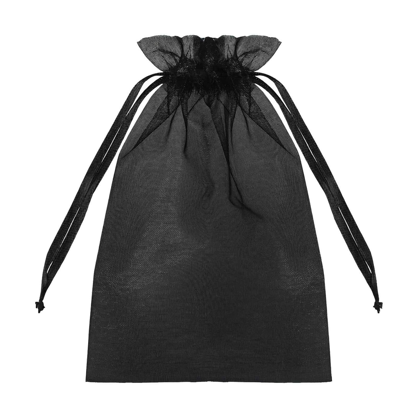 Black organza gift bag with drawstring, 6" x 9", perfect for wedding favors. #whtbkgd