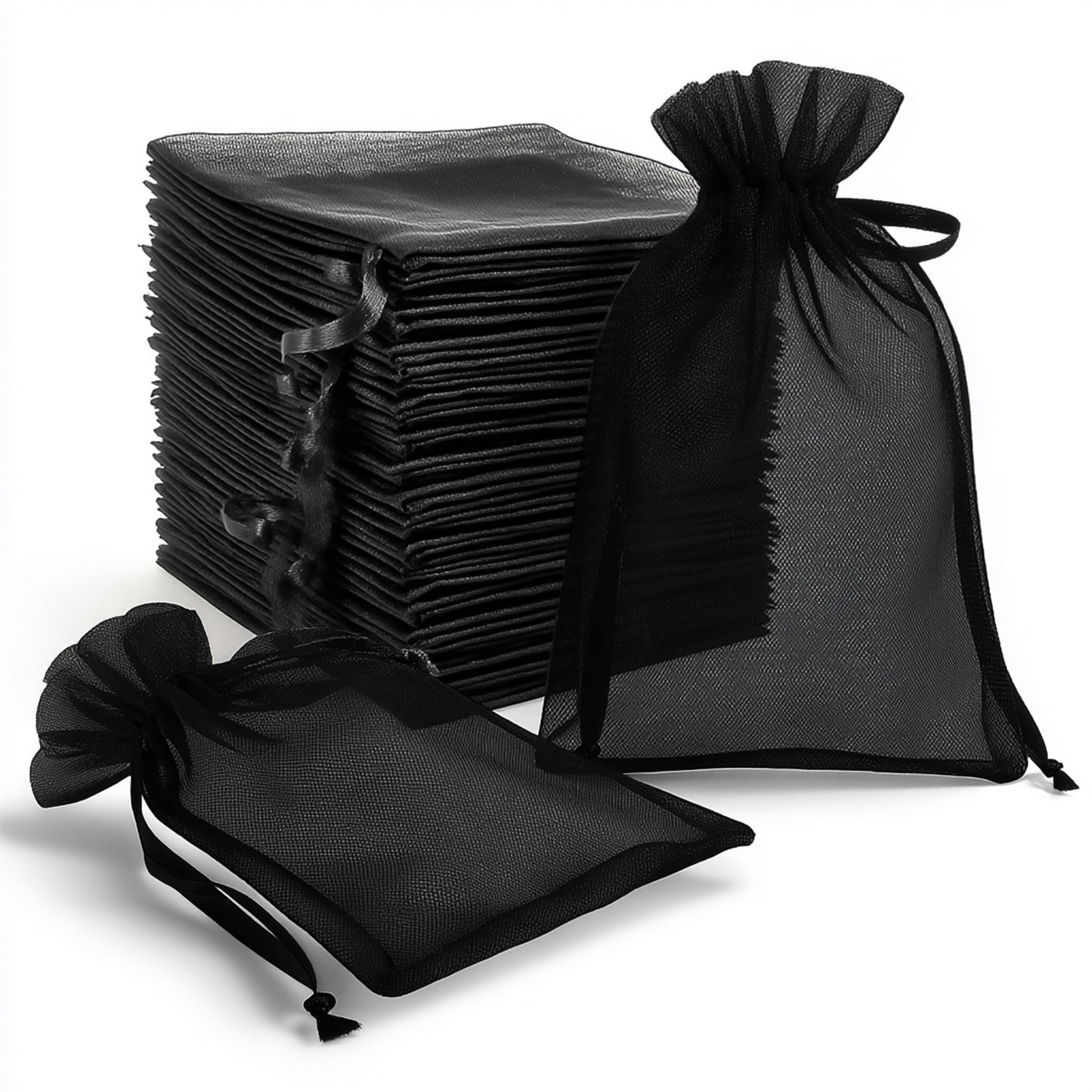 Black organza gift bags with drawstring, 6" x 9", pack of 100.