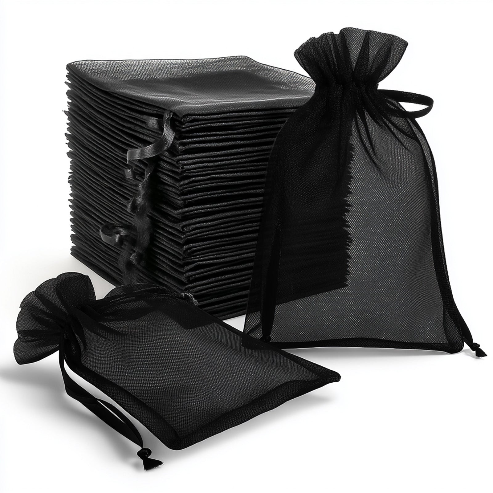 Black organza gift bags with drawstring, 6" x 9", pack of 100.