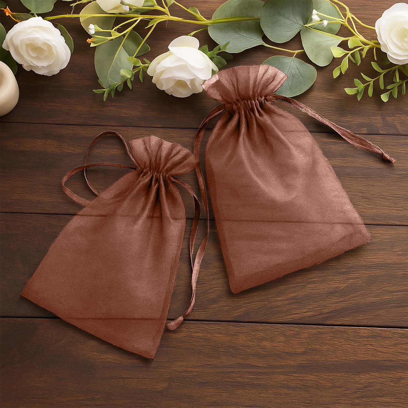 Chocolate organza gift bags with drawstring, 6" x 9", perfect for wedding favors.