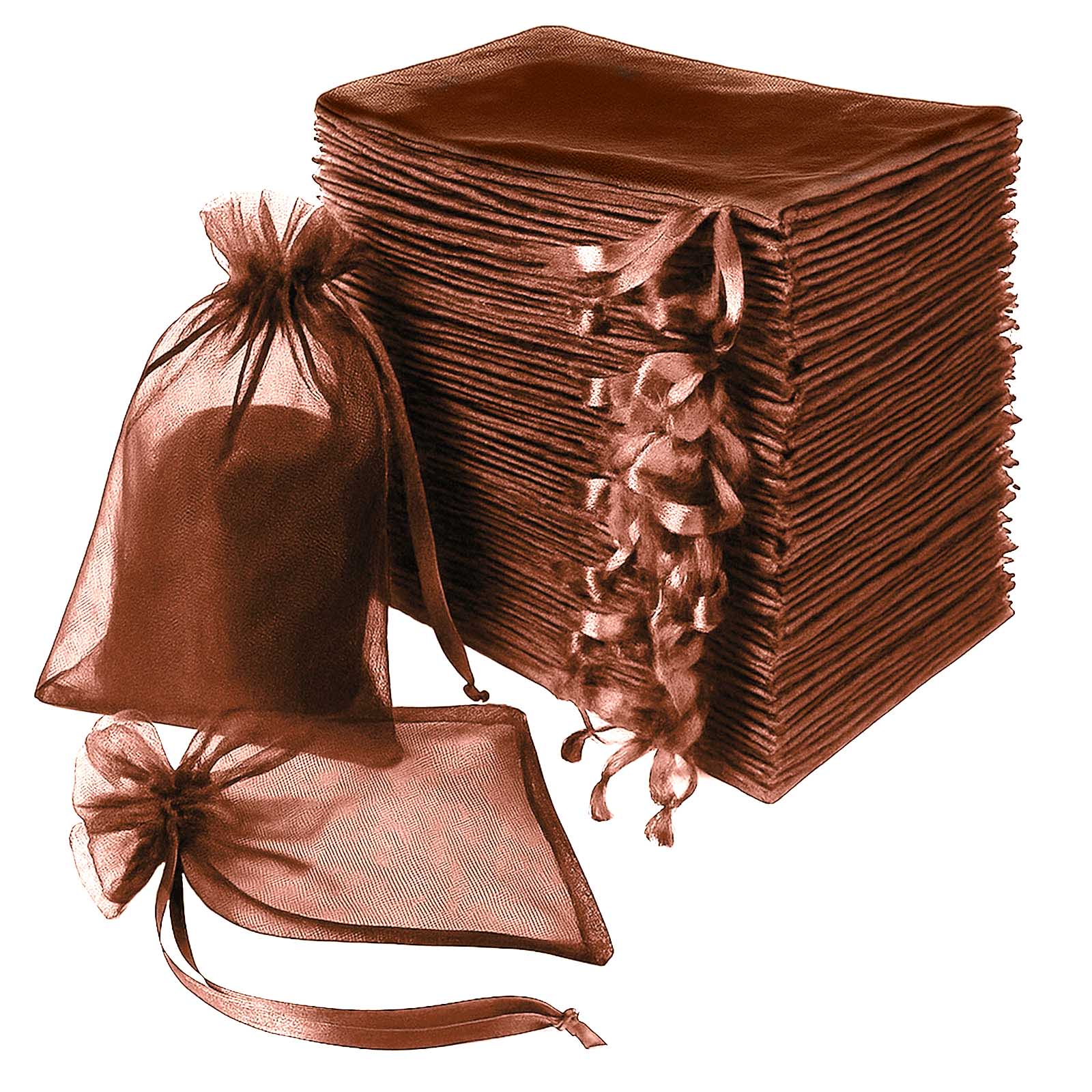 Chocolate organza gift bags, 100 pack, 6" x 9", perfect for weddings and parties.