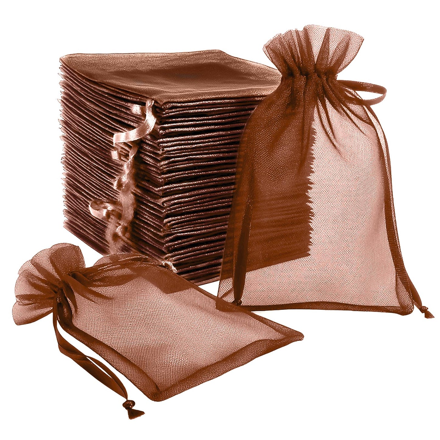 Chocolate organza gift bags with drawstring, 6" x 9", 100 pack.