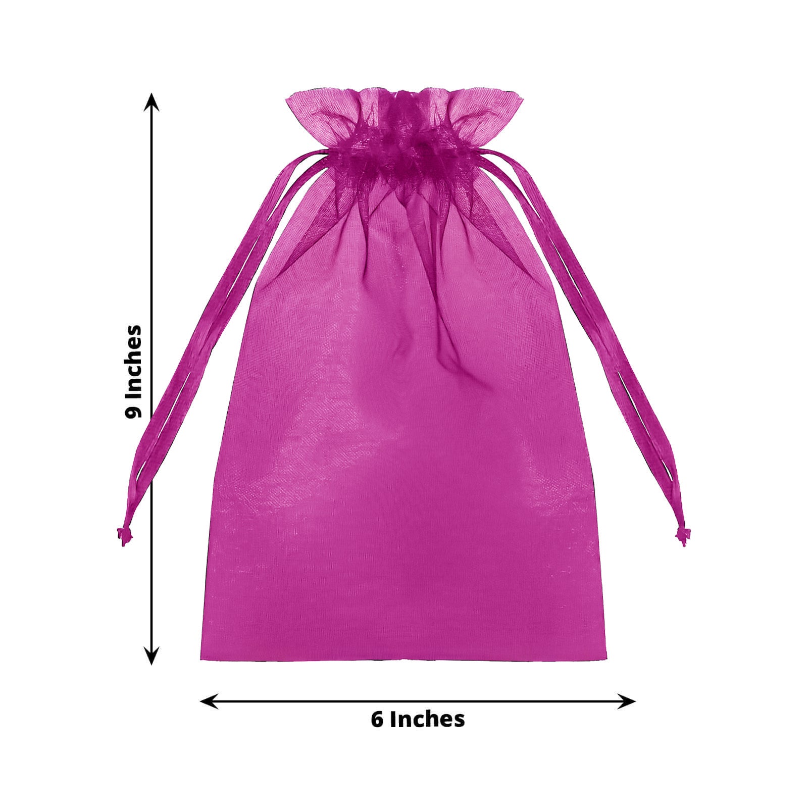 Fuchsia organza gift bag with drawstring, 6" x 9", ideal for wedding favors.