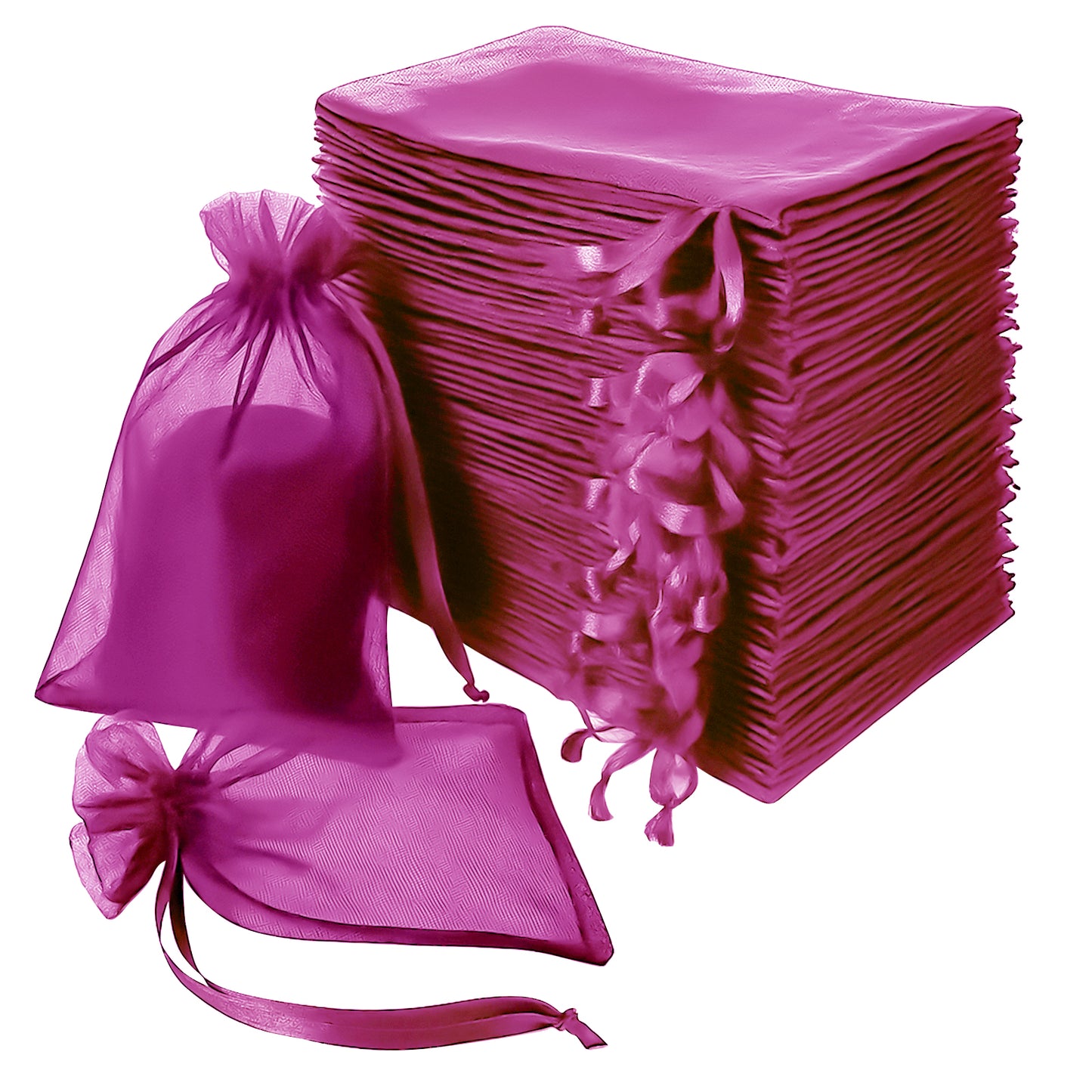 Fuchsia organza gift bags with drawstring, perfect for wedding favors.