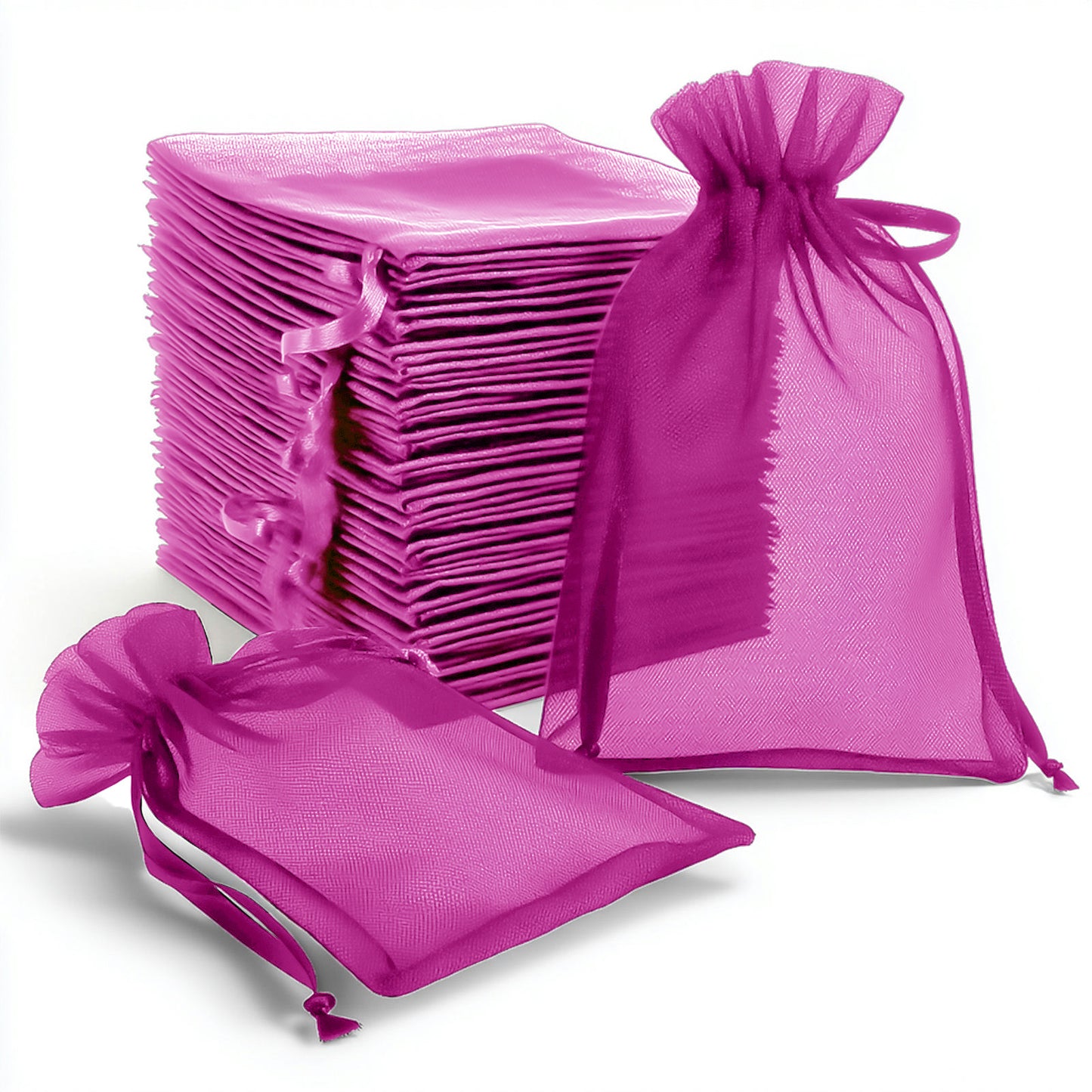 Fuchsia organza gift bags with drawstring, 6" x 9", 100 pack.