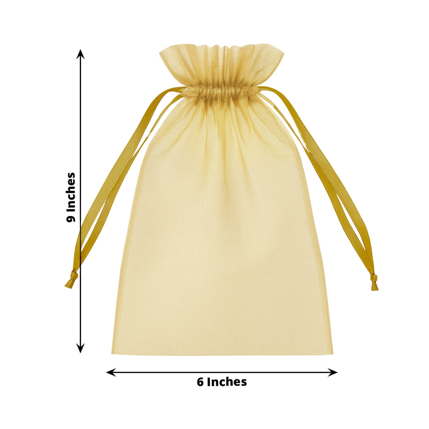 Gold organza gift bag with drawstring, 6" x 9", ideal for wedding favors.