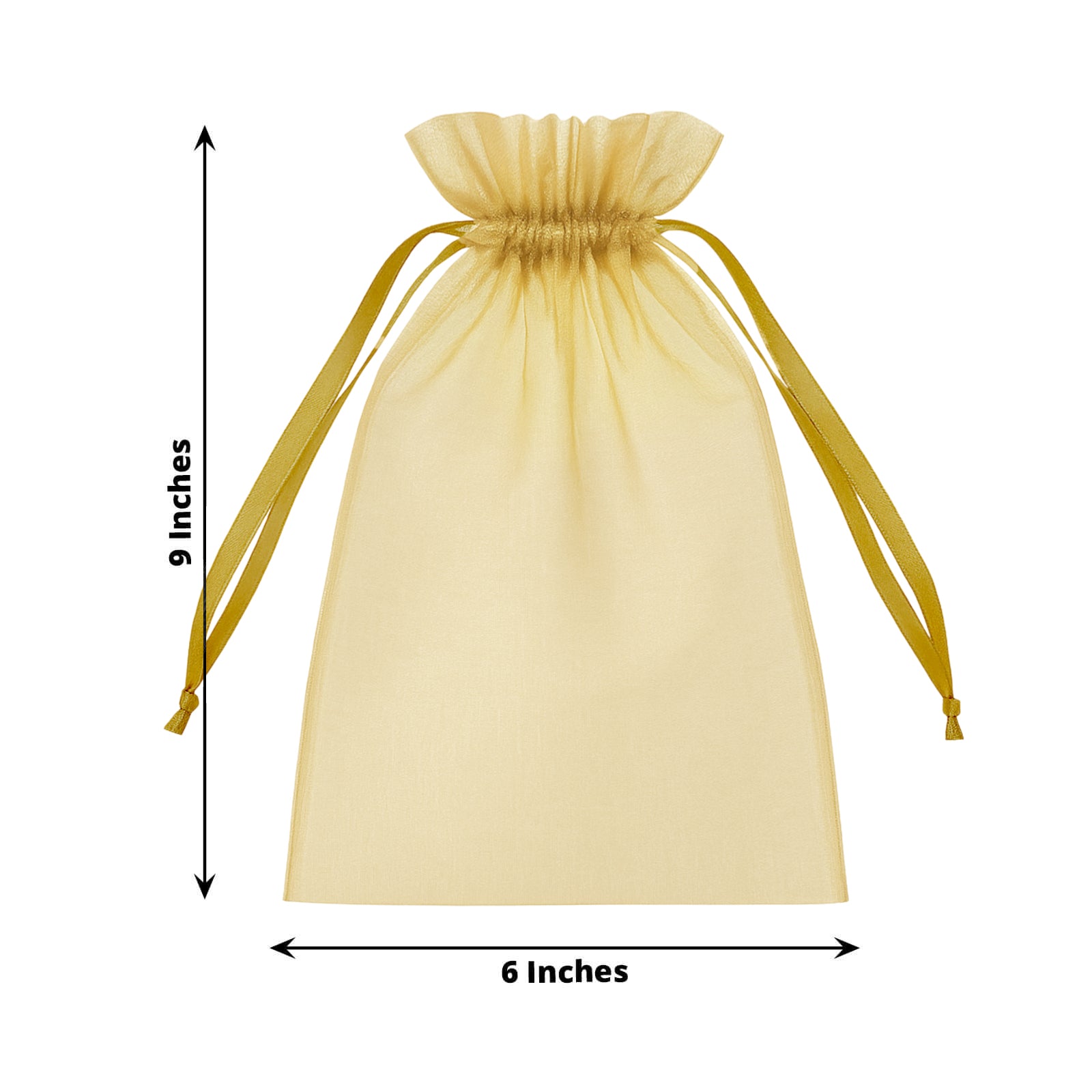 Gold organza gift bag with drawstring, 6" x 9", ideal for wedding favors.