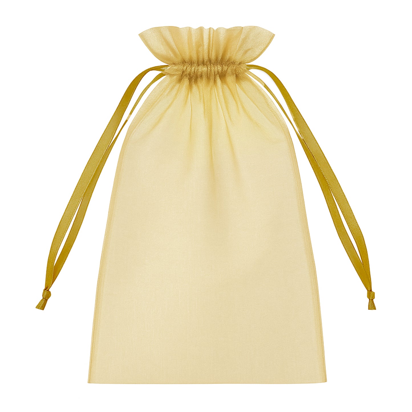 Gold organza gift bag with drawstring, 6" x 9", perfect for wedding favors.