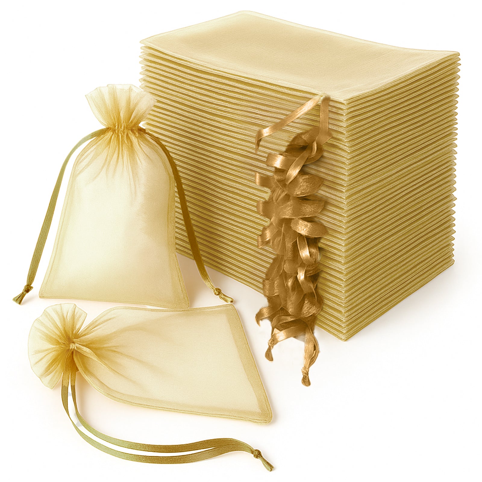 Gold organza gift bags with drawstring, 6" x 9", pack of 100.