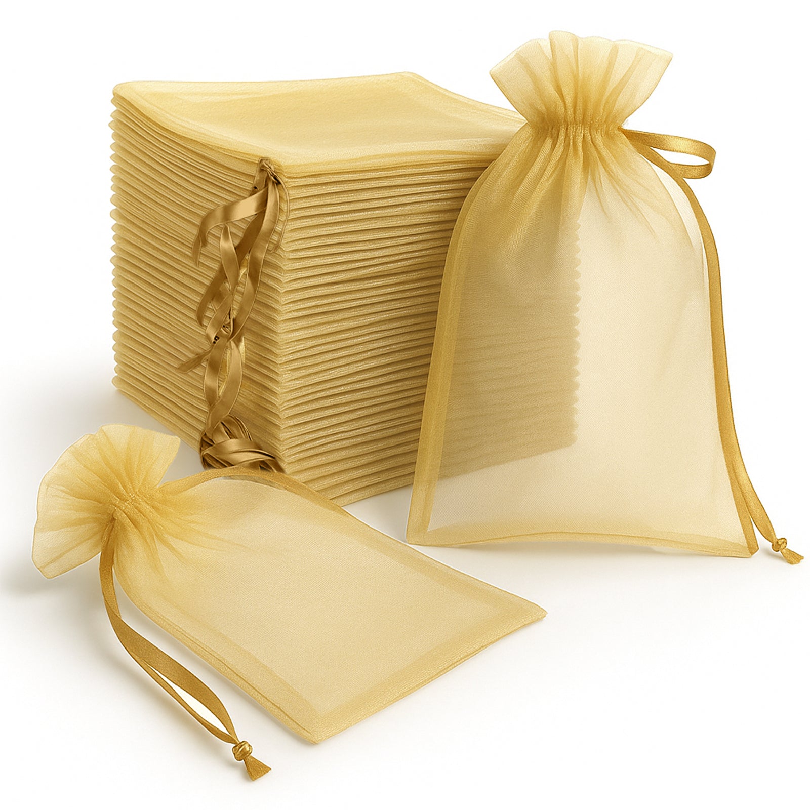 Gold organza gift bags with drawstring, 6" x 9", 100 pack.