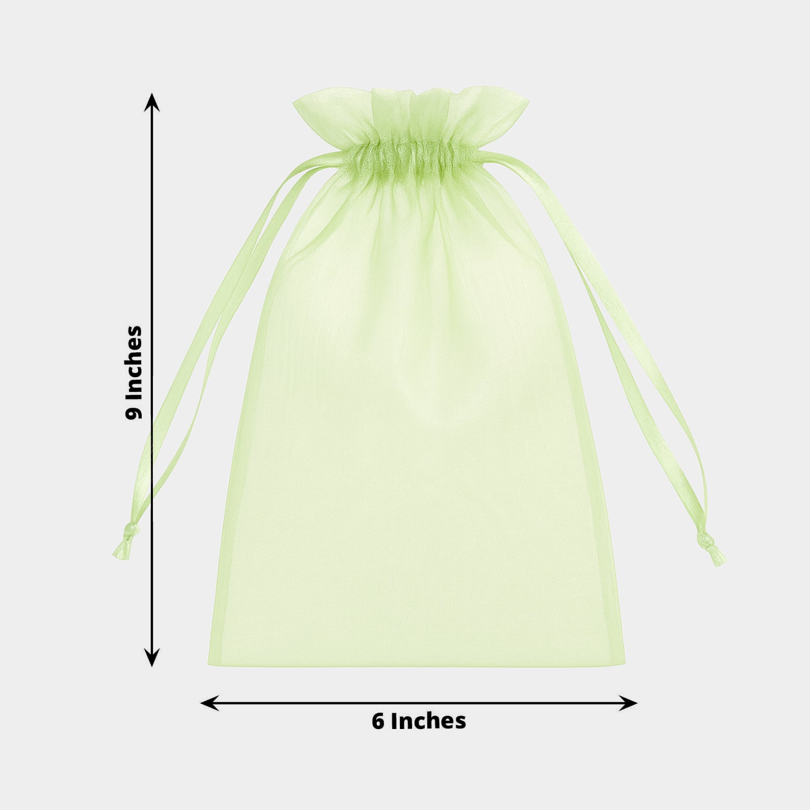 Mint organza gift bag with drawstring, 6" x 9", perfect for party favors.