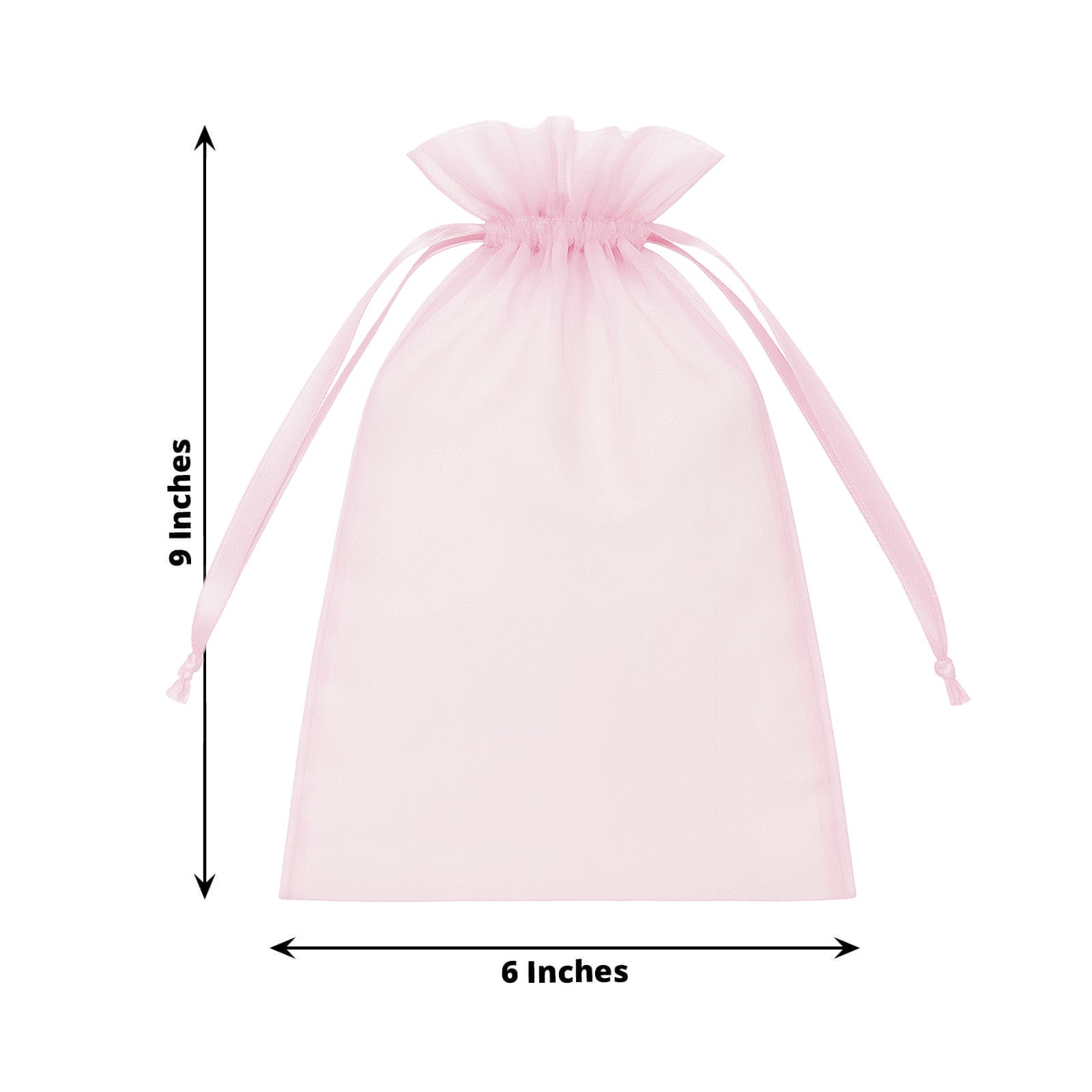 Pink organza gift bag with drawstring, 6" x 9", perfect for party favors.