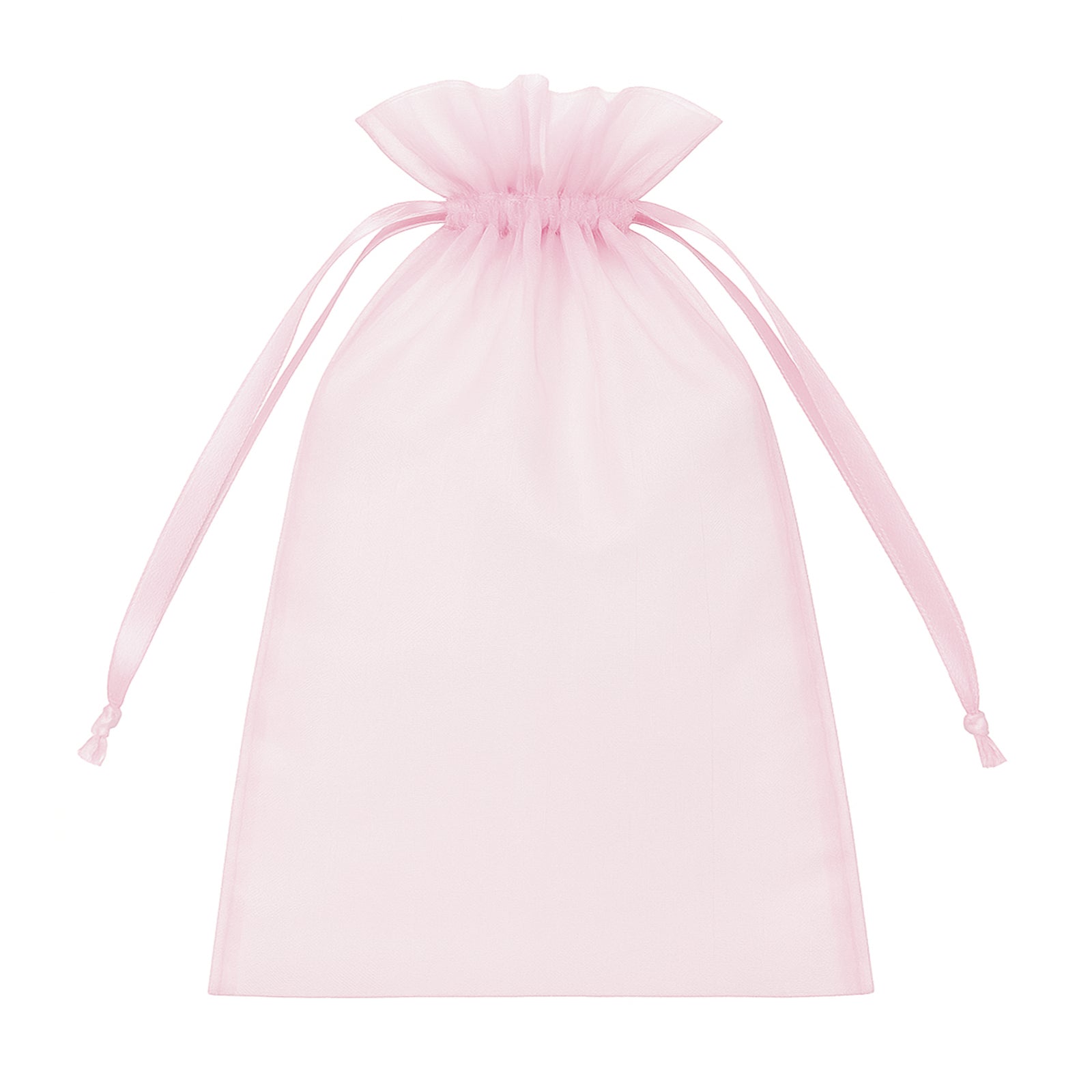 Pink organza gift bag with drawstring, 6" x 9", perfect for wedding favors.