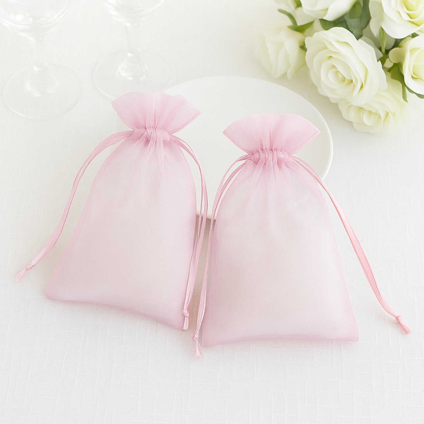 Pink organza gift bags with drawstring for wedding favors, 100 pack.