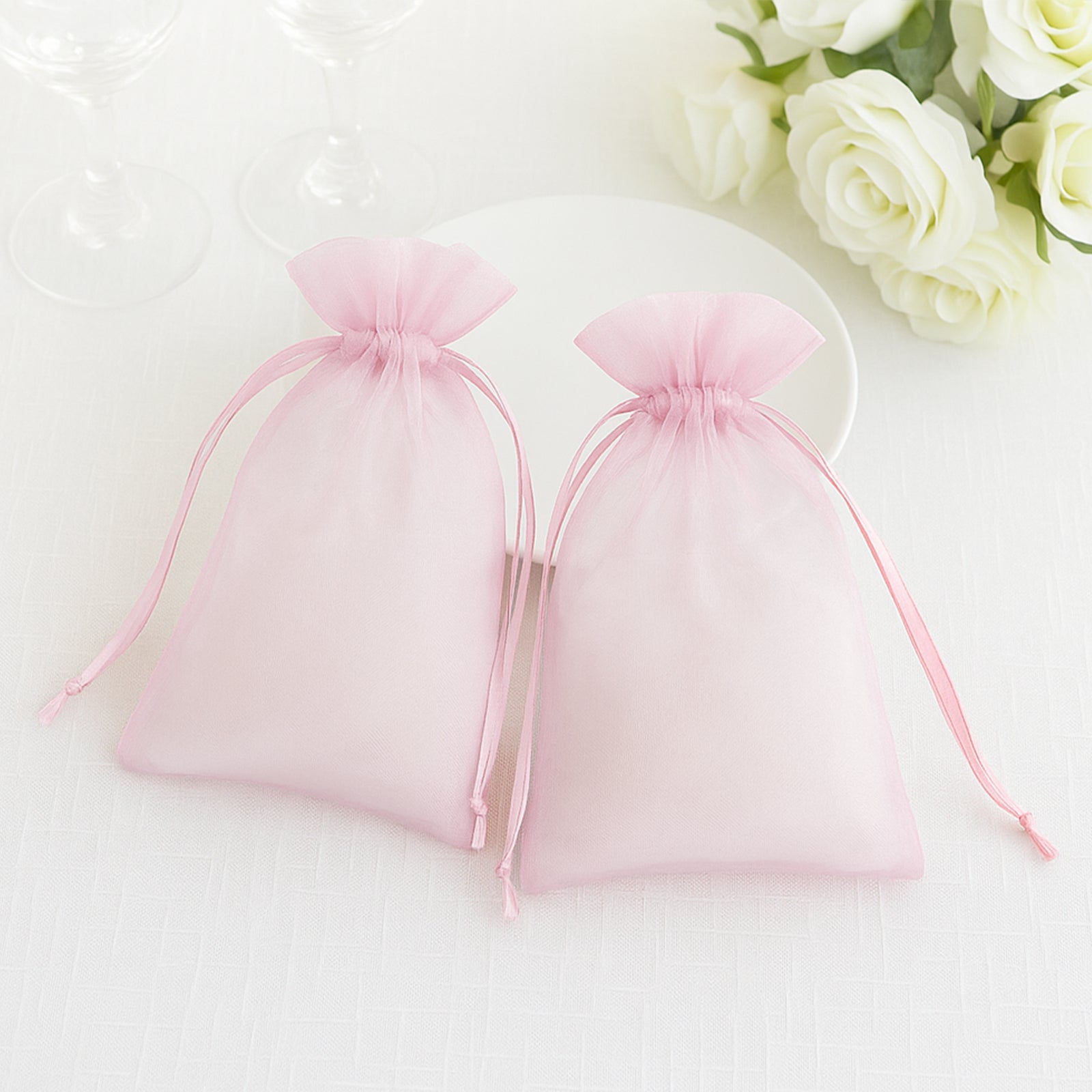 Pink organza gift bags with drawstring for wedding favors, 100 pack.