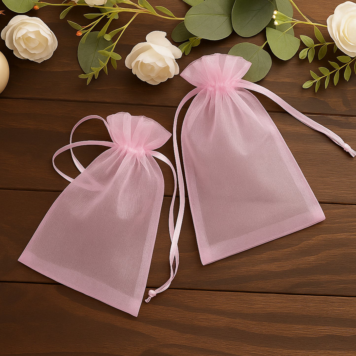 Pink organza gift bags with drawstring, 6" x 9", set of 100.
