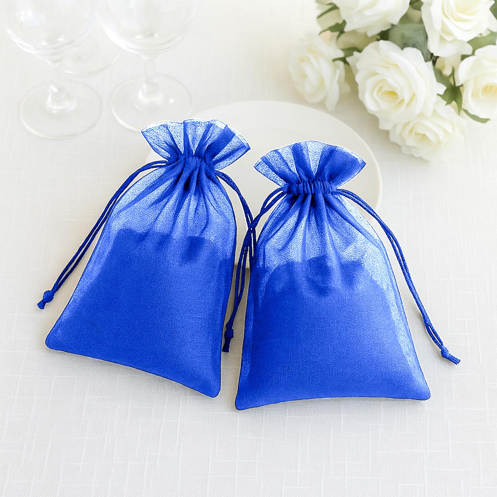Royal blue organza gift bags with drawstring, set of 2.