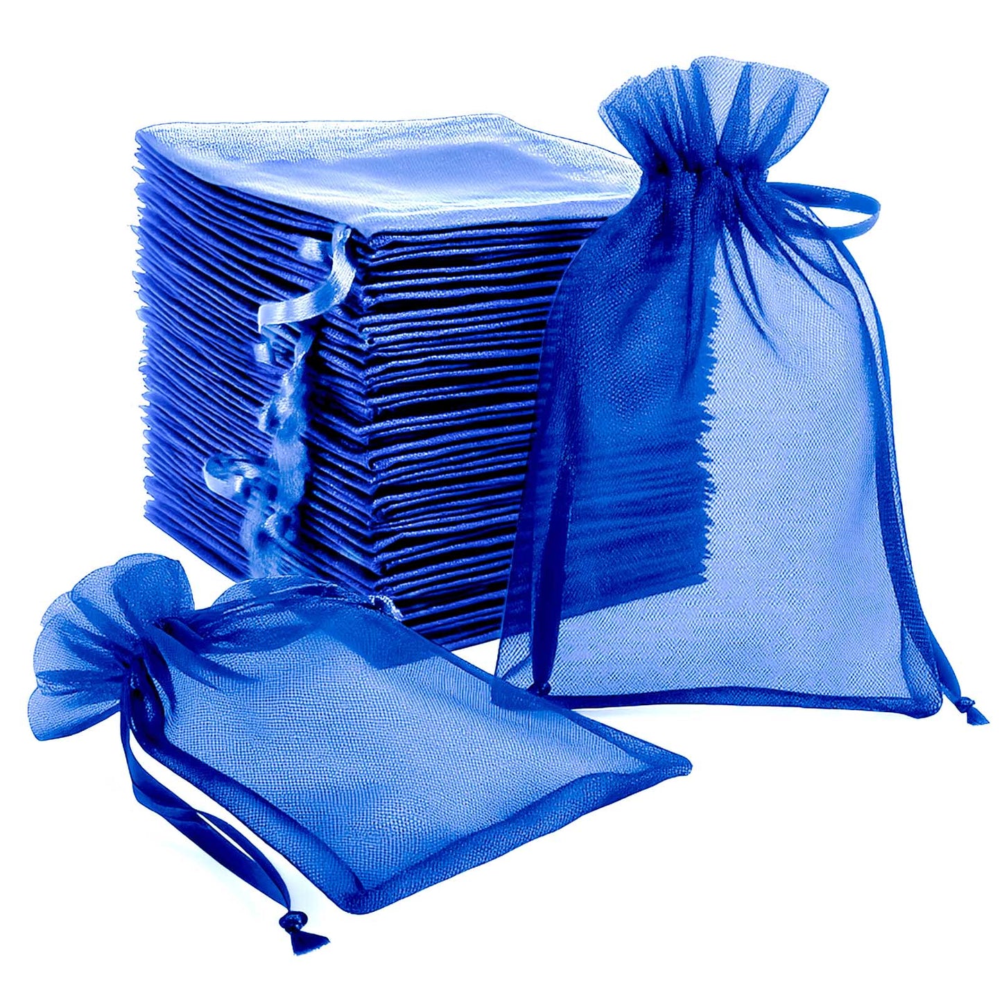 100 Pack Royal Blue Organza Gift Bags with Drawstring, 6" x 9" for Weddings and Parties