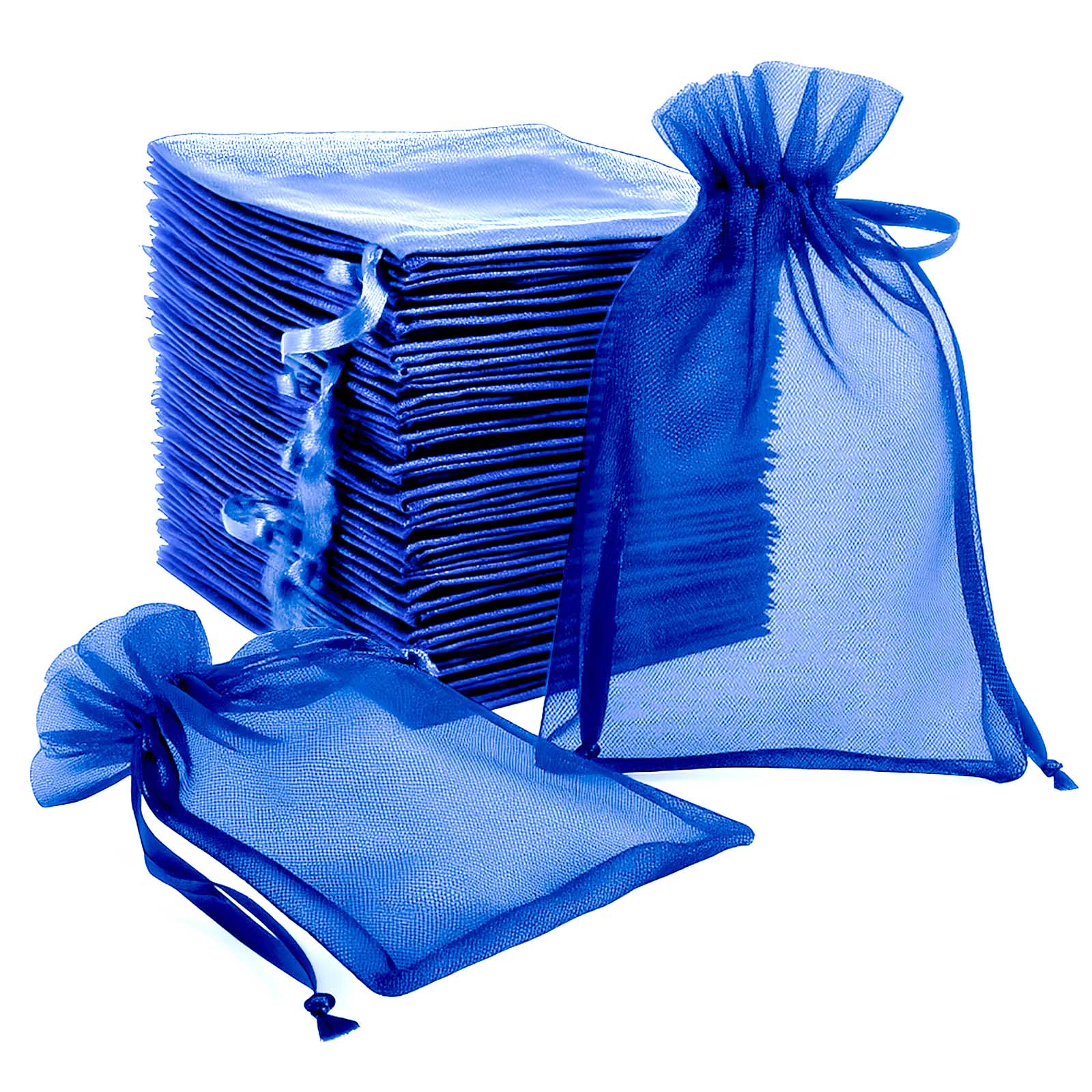 100 Pack Royal Blue Organza Gift Bags with Drawstring, 6" x 9" for Weddings and Parties