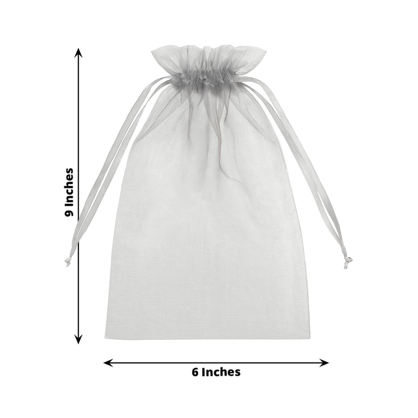 Silver organza gift bag with drawstring, 6" x 9" for wedding favors.