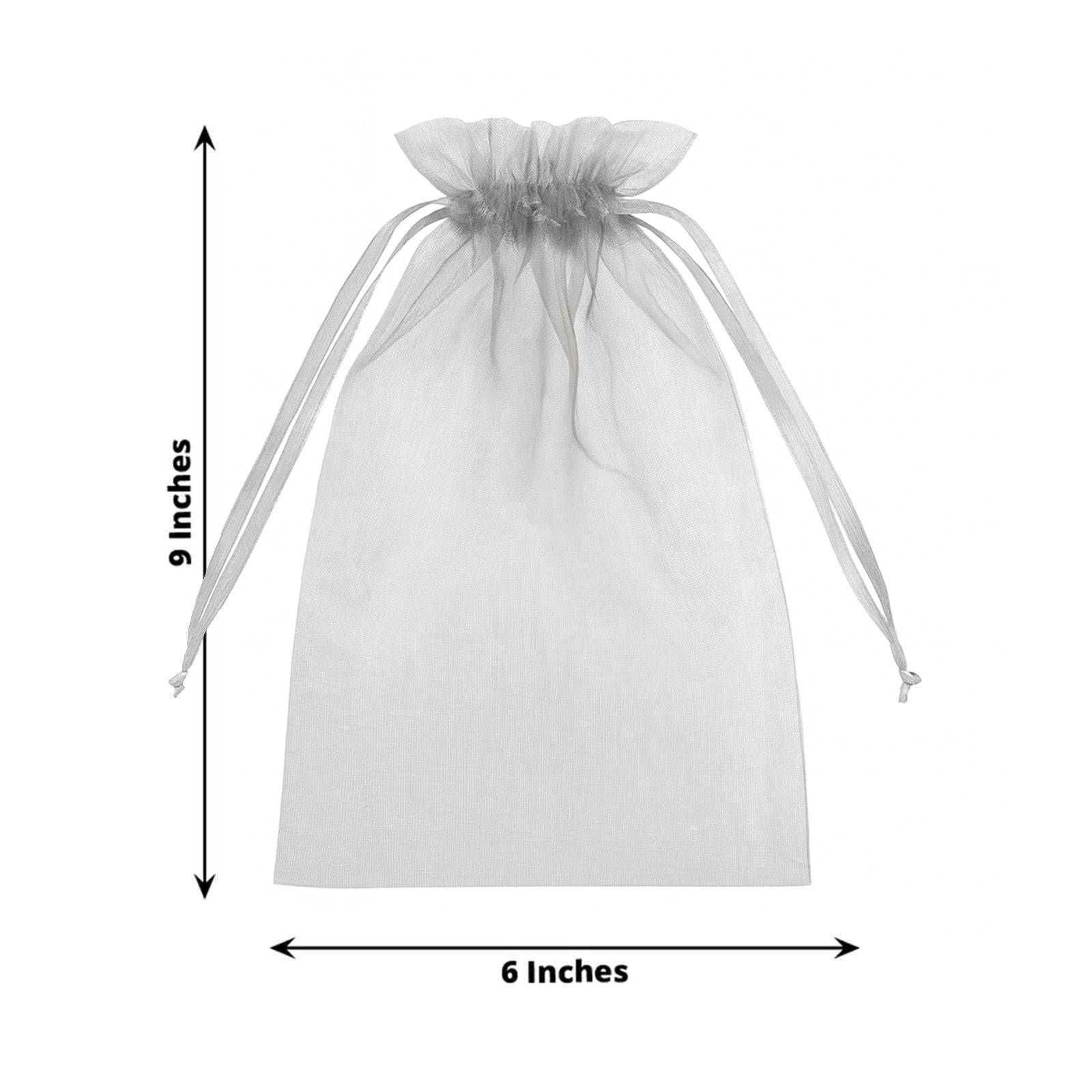 Silver organza gift bag with drawstring, 6" x 9" for wedding favors.