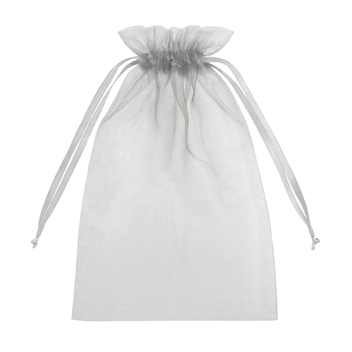 Silver organza gift bag with drawstring, 6" x 9", ideal for wedding favors. #whtbkgd